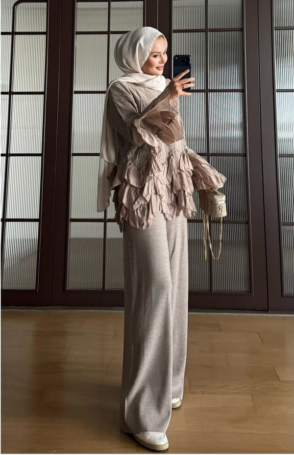 Mink ruffle detail knit top and trousers set - full