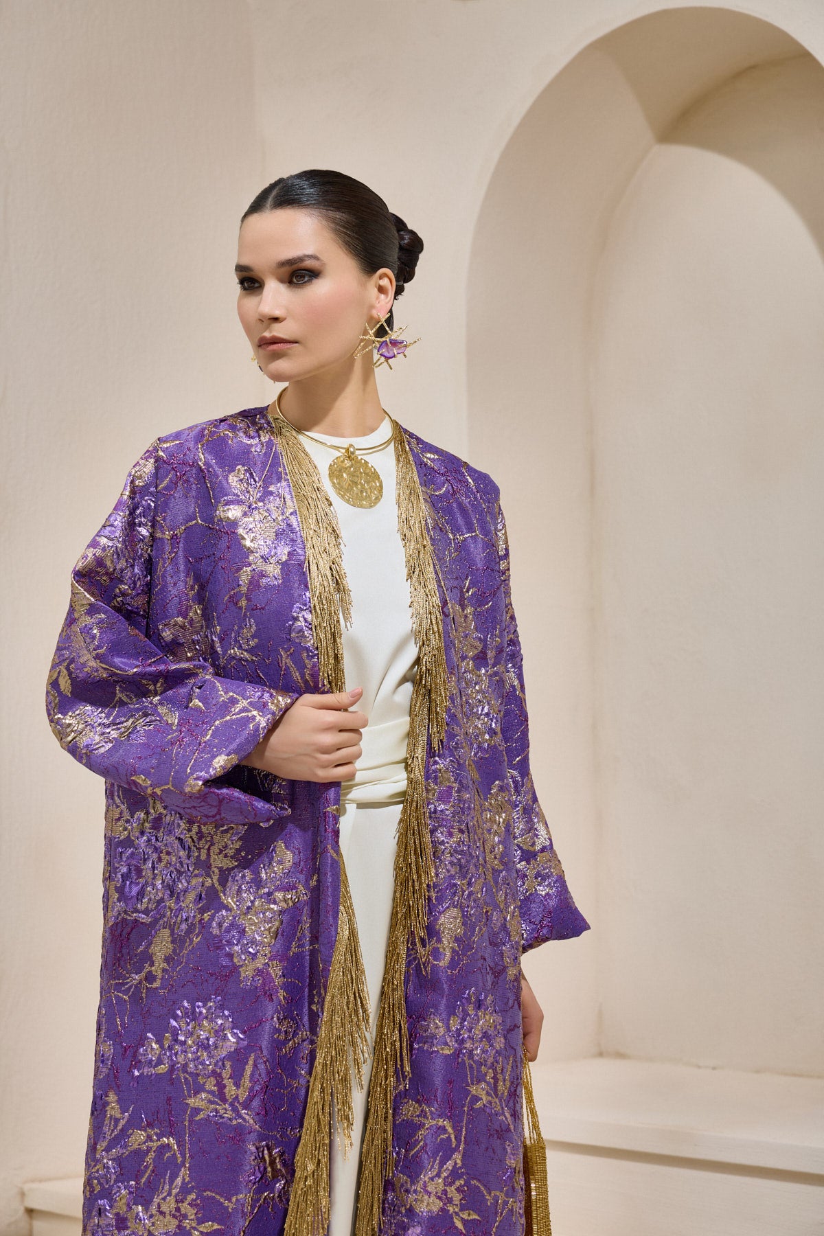 Limited Collection Purple Gold Jacquard Abaya with Tassels