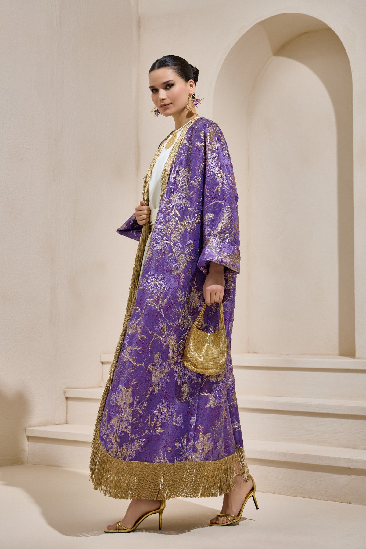 Limited Collection Purple Gold Jacquard Abaya with Tassels