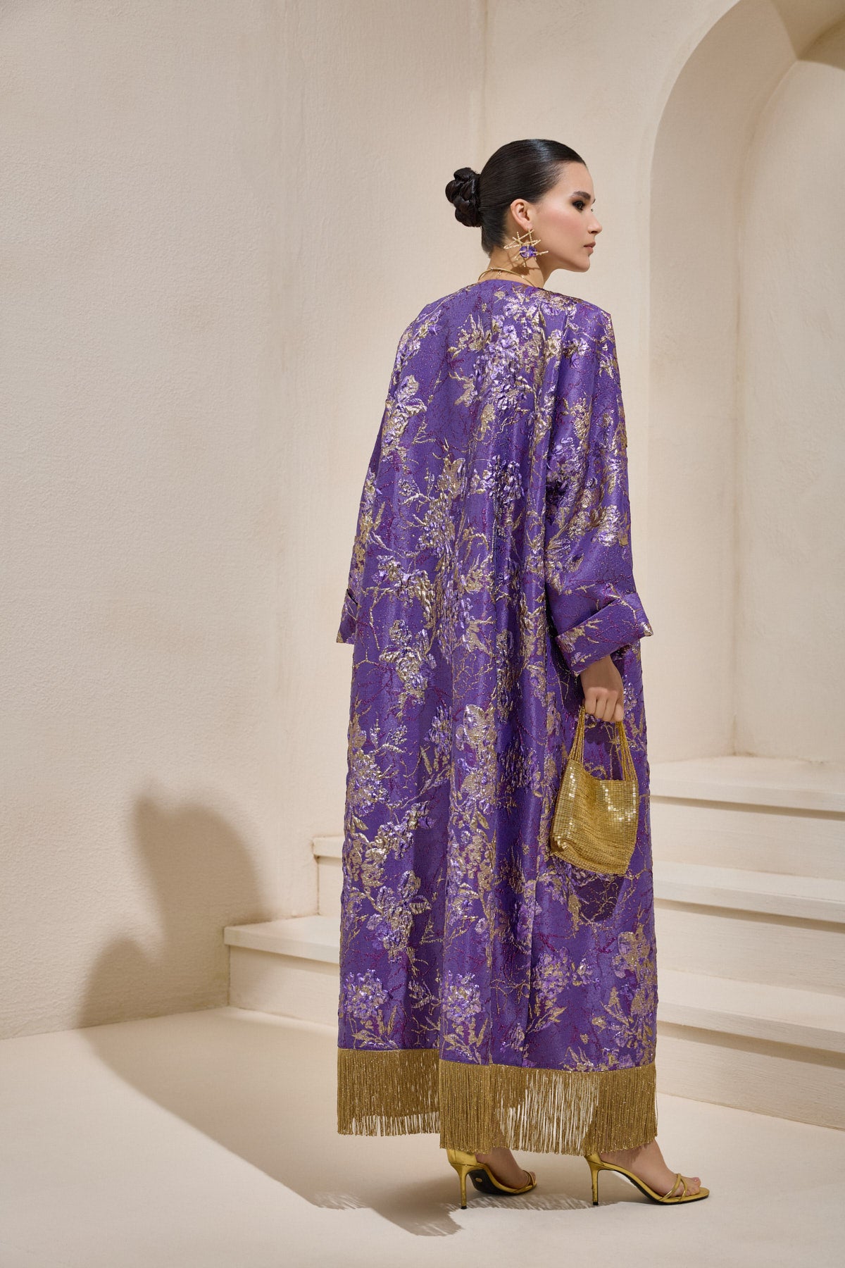 Limited Collection Purple Gold Jacquard Abaya with Tassels