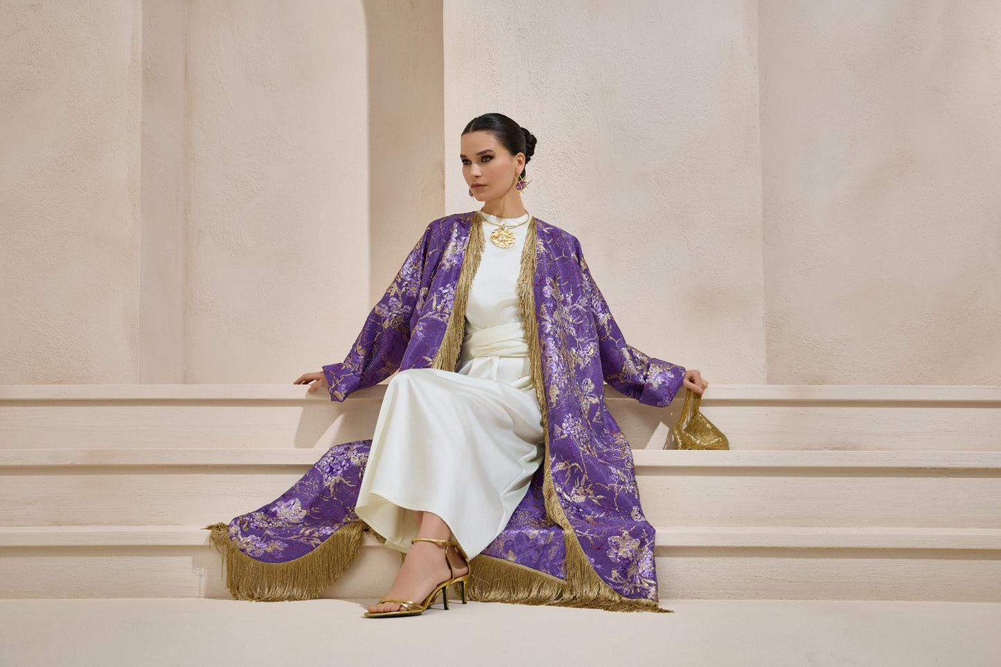 Limited Collection Purple Gold Jacquard Abaya with Tassels