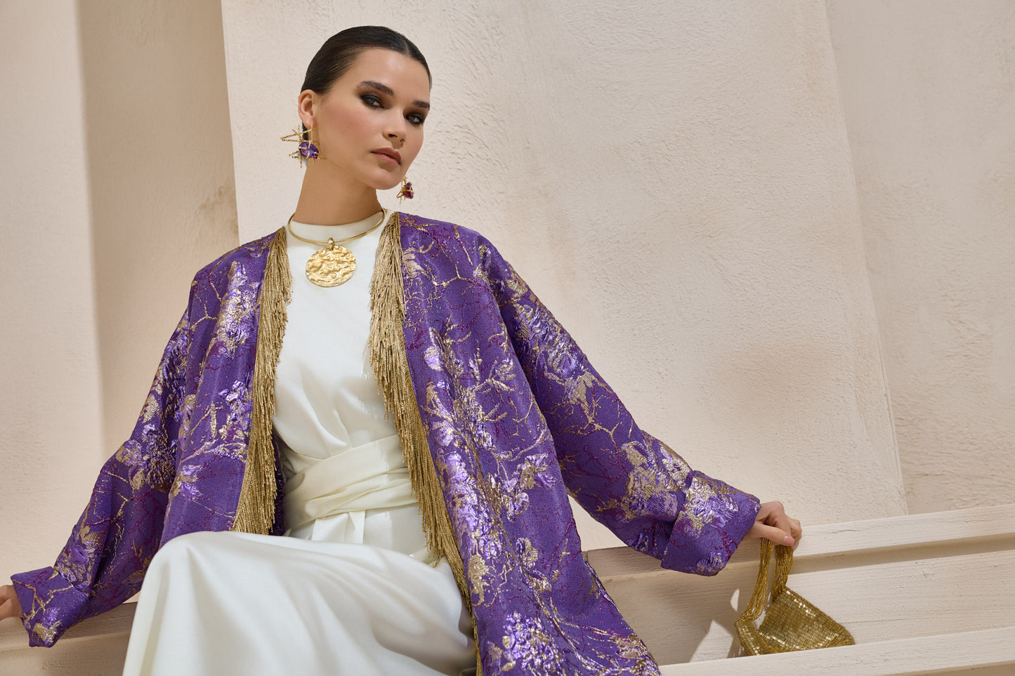 Limited Collection Purple Gold Jacquard Abaya with Tassels