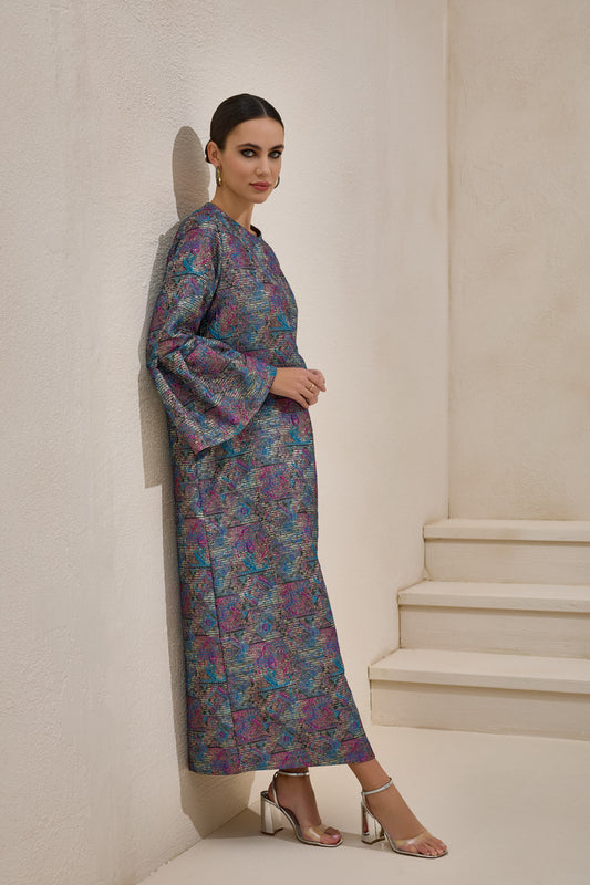 Purple Jacquard Ballon Sleeve Dress