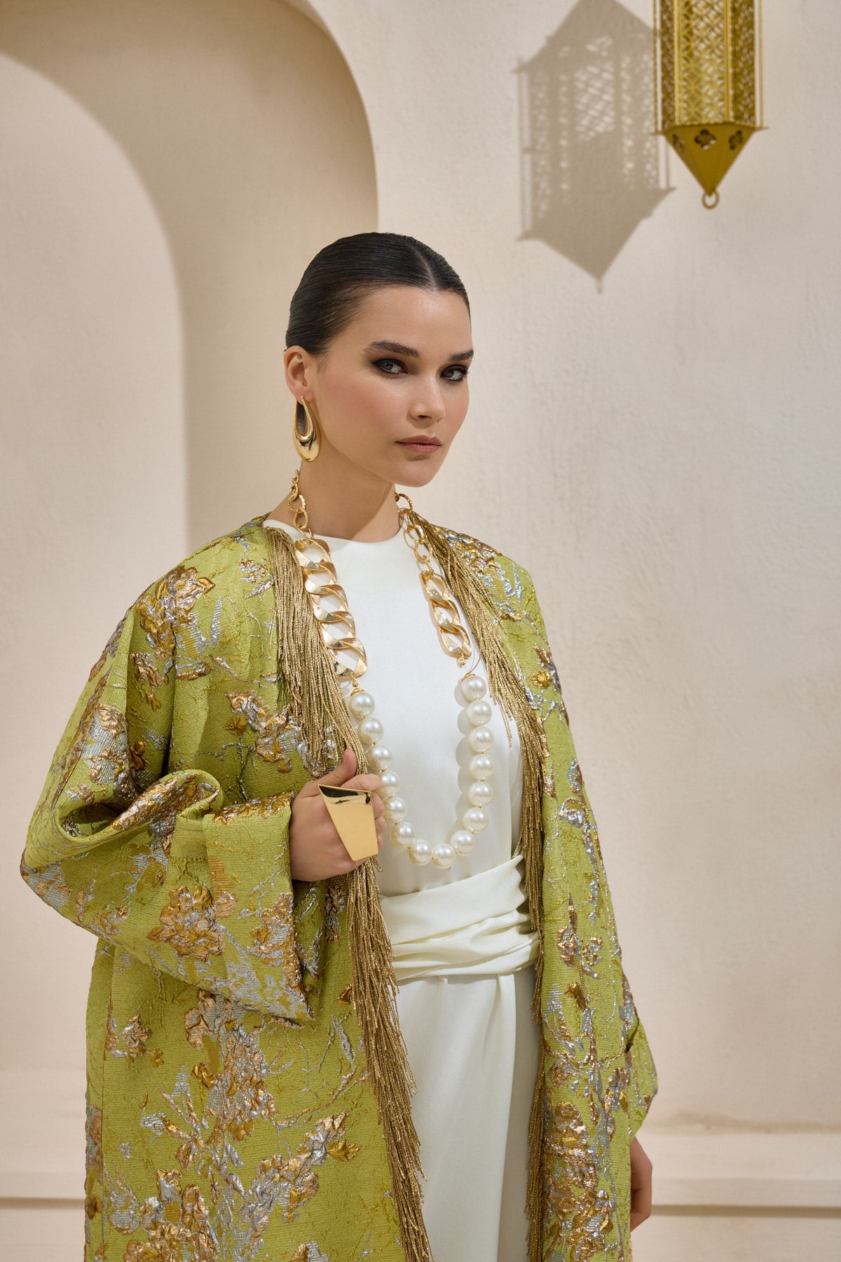 Limited Collection Green Gold Jacquard Abaya with Tassels