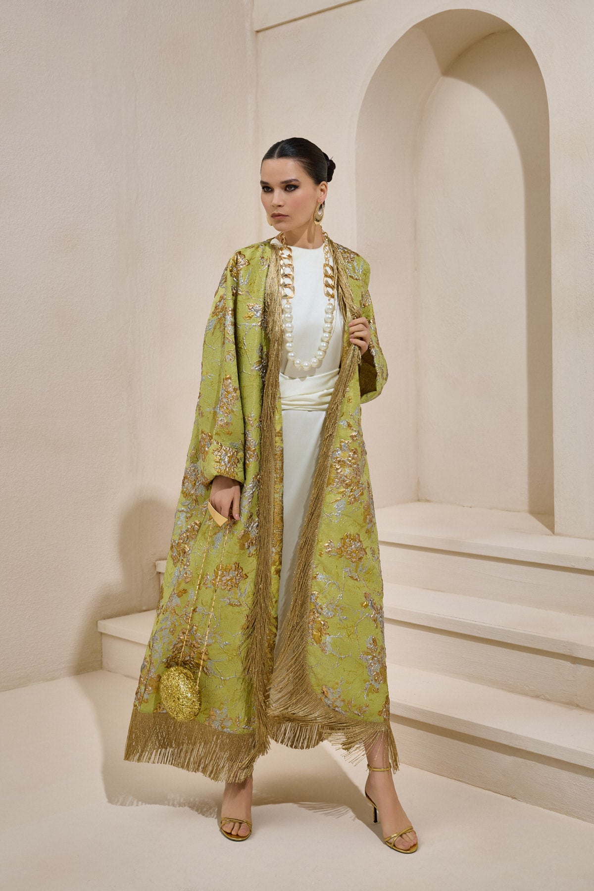 Limited Collection Green Gold Jacquard Abaya with Tassels