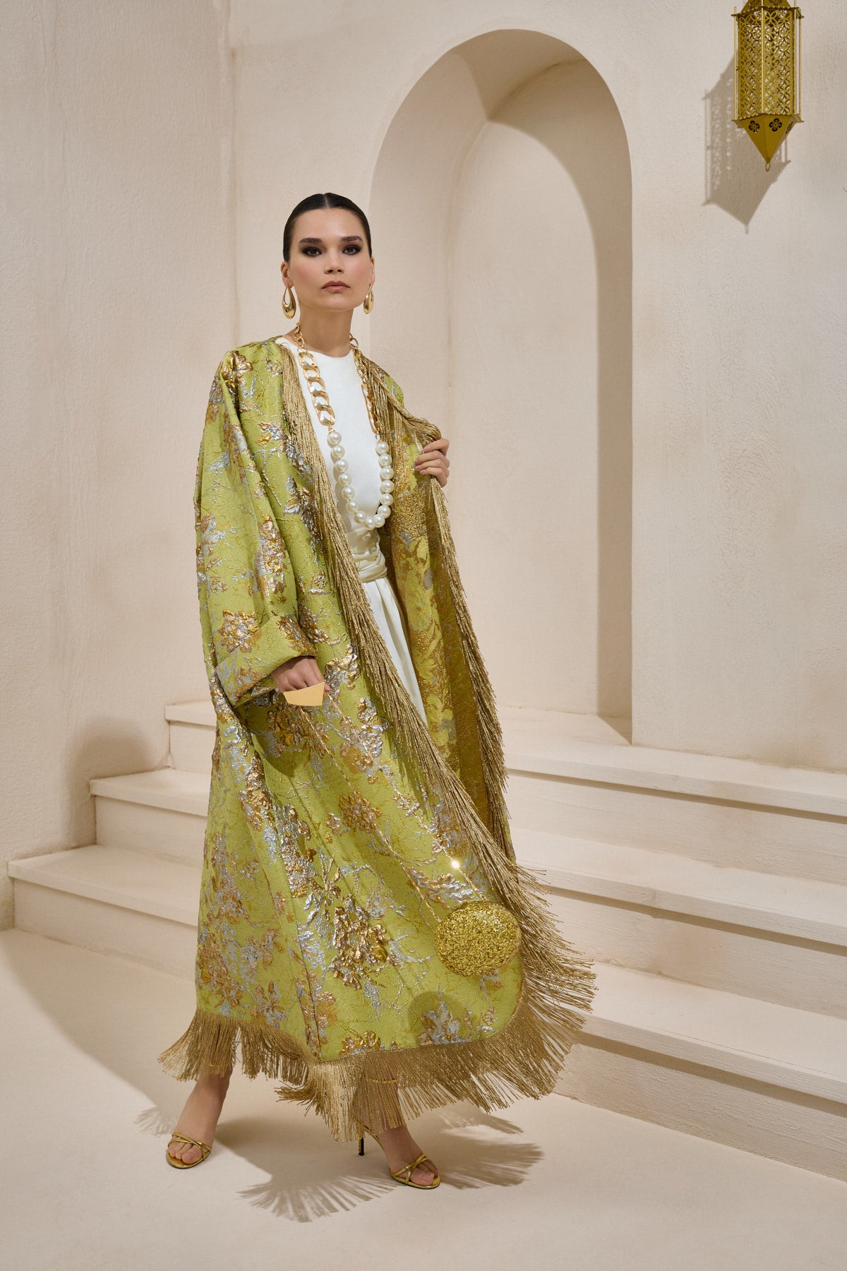 Limited Collection Green Gold Jacquard Abaya with Tassels