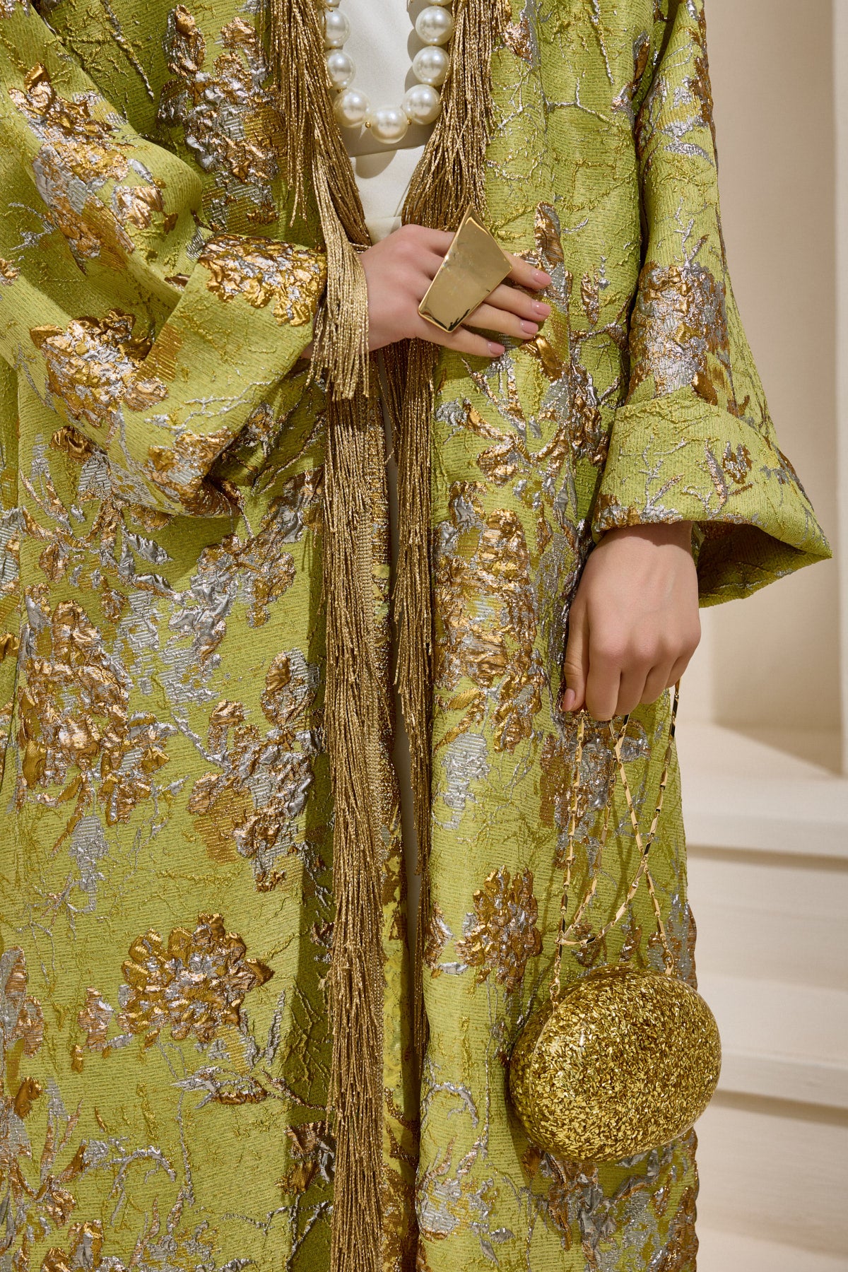 Limited Collection Green Gold Jacquard Abaya with Tassels