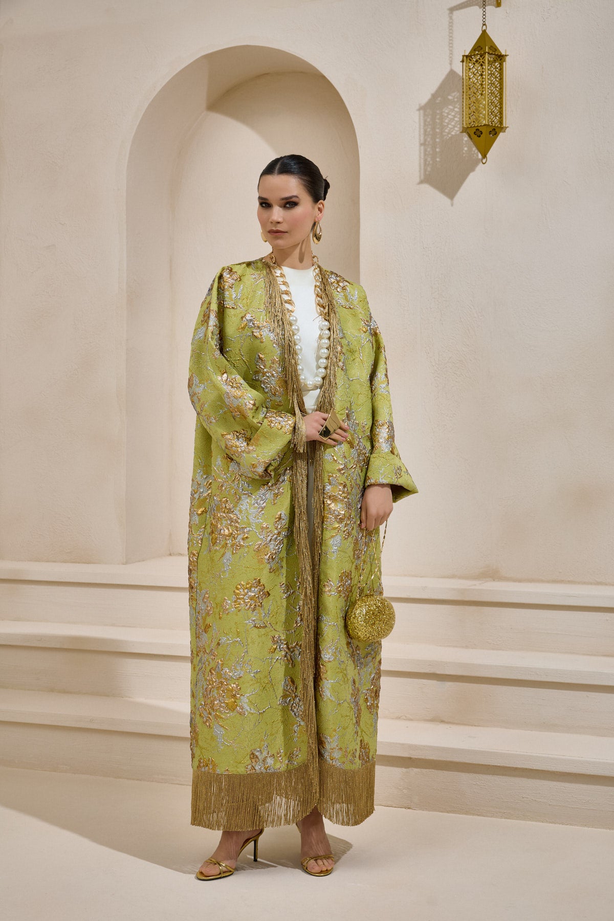 Limited Collection Green Gold Jacquard Abaya with Tassels