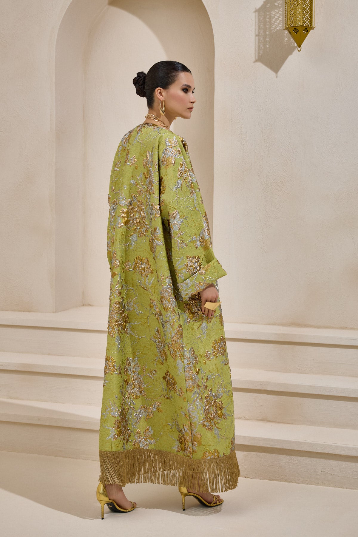 Limited Collection Green Gold Jacquard Abaya with Tassels