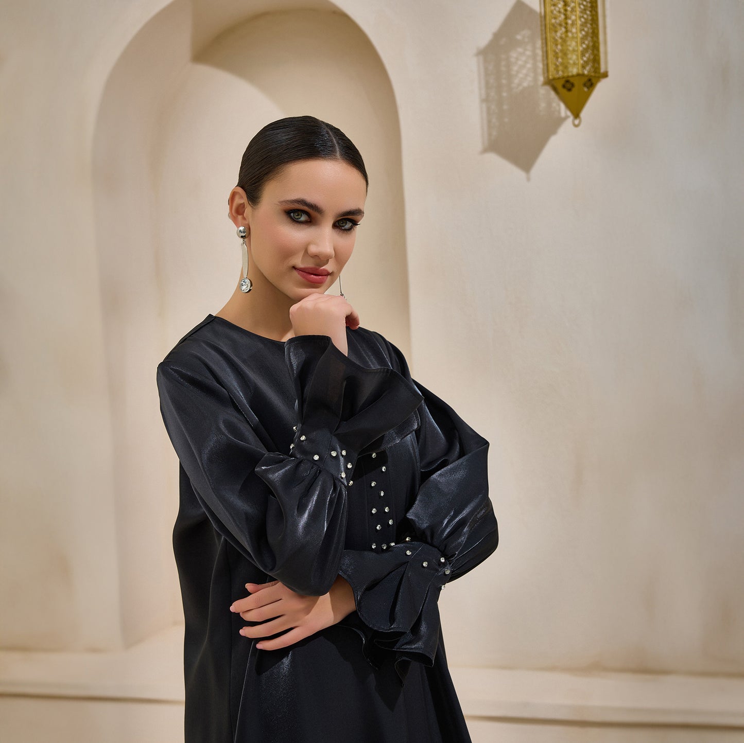 Organza Black Satin Crystal Abaya