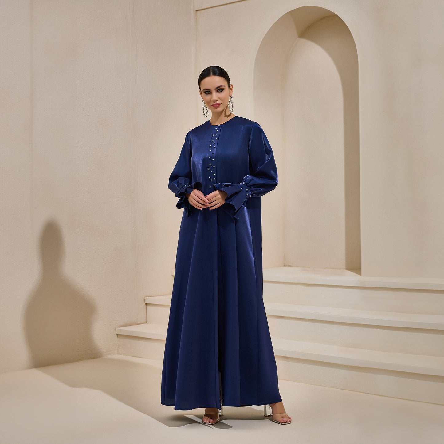 Organza Navy Satin Crystal Abaya