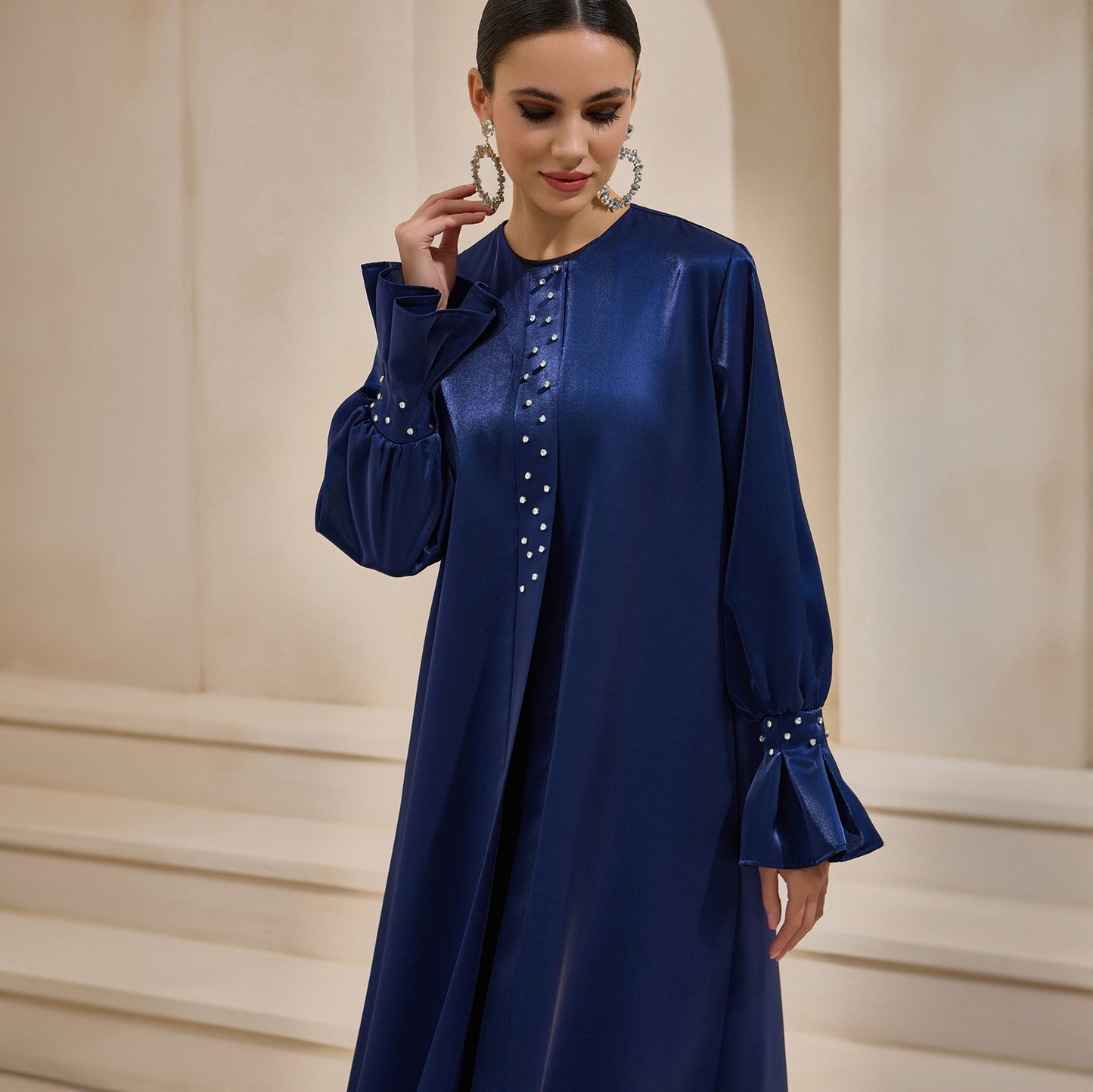 Organza Navy Satin Crystal Abaya