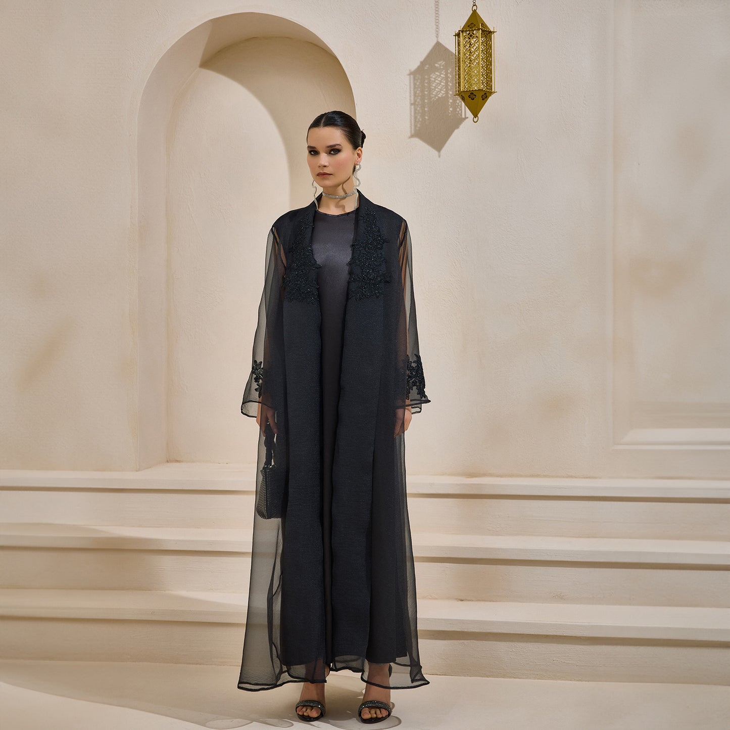 Rose Black Organza Pearl Detailed Abaya