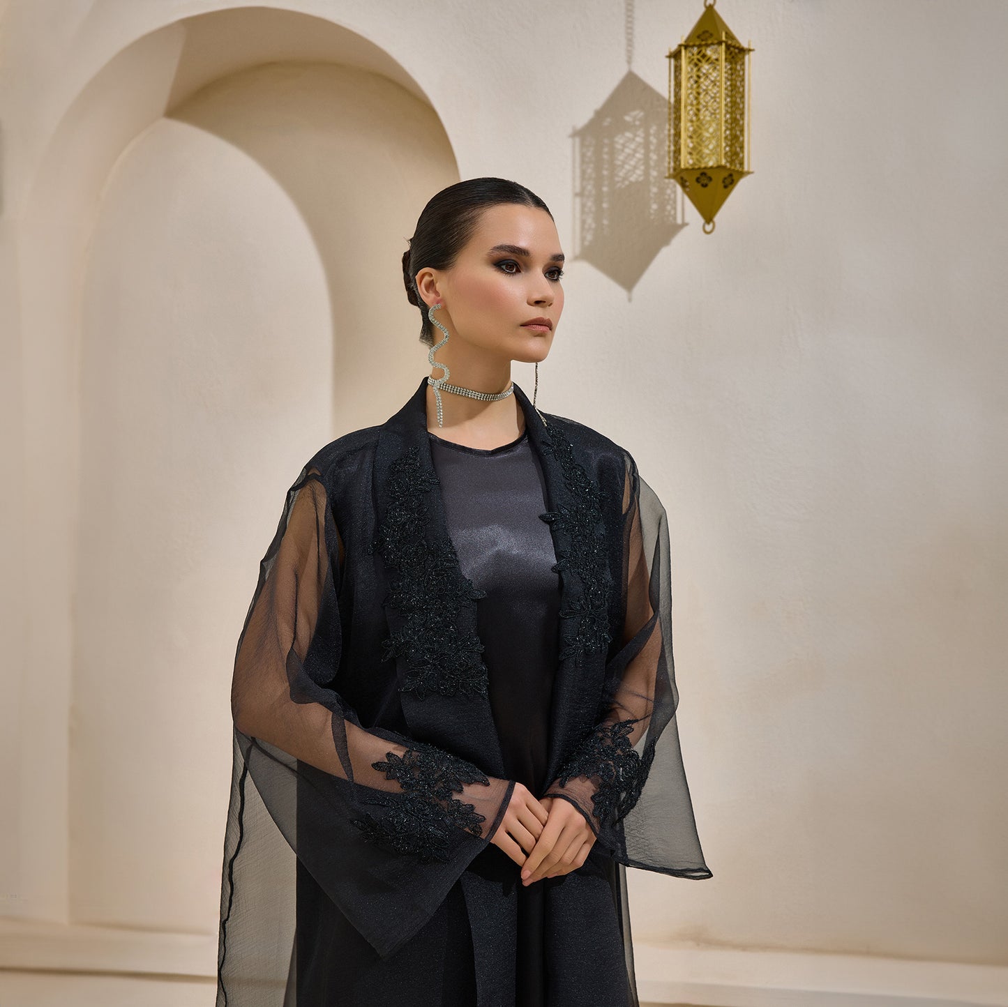 Rose Black Organza Pearl Detailed Abaya