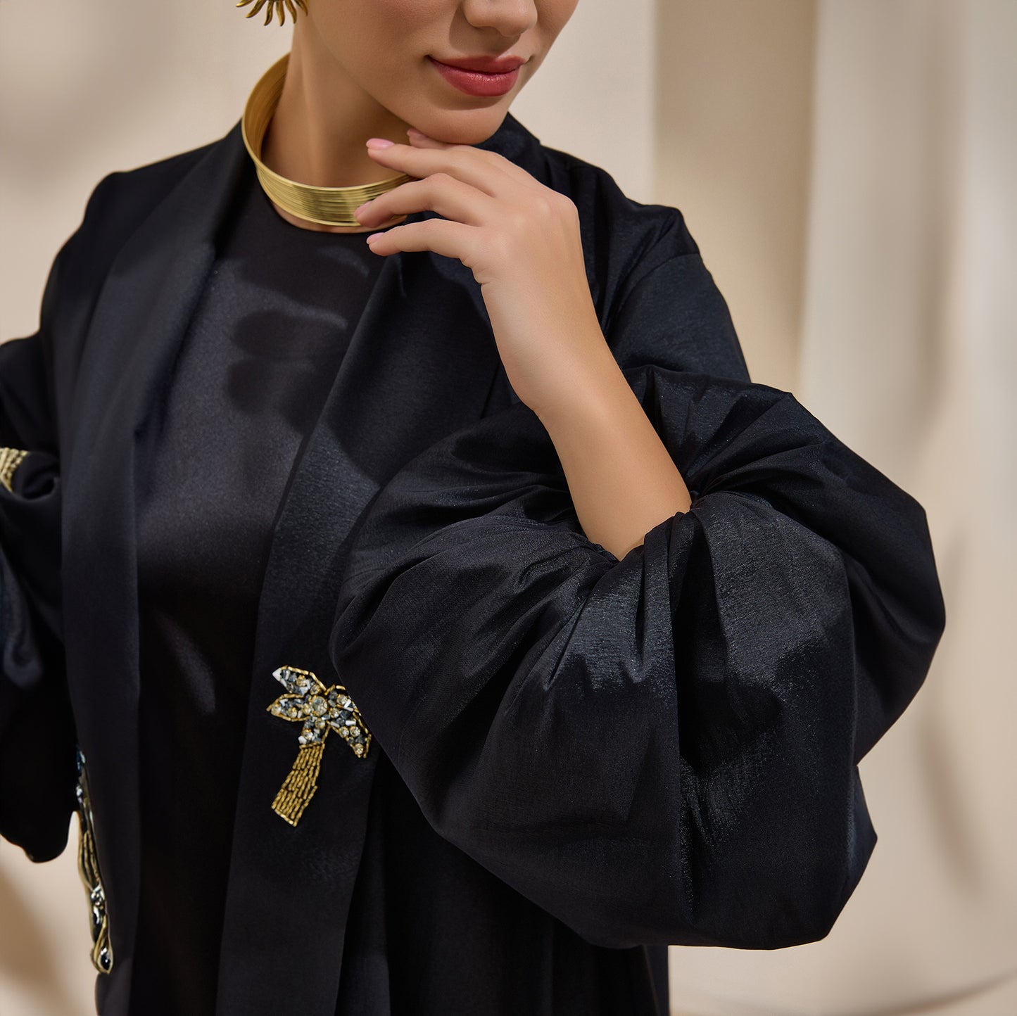 Premium Hand Embellished Taffeta Black Abaya