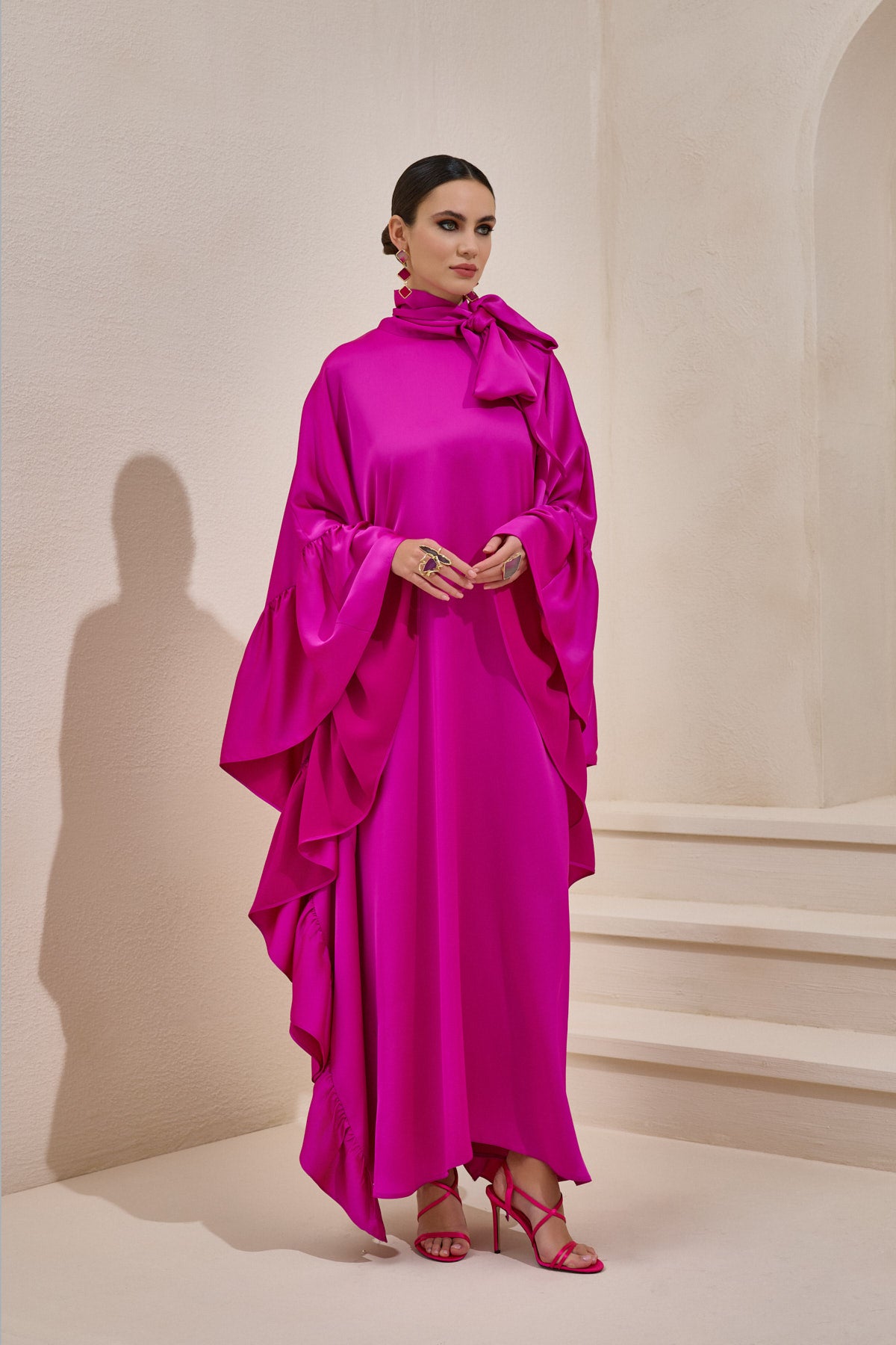 Limited Collection Fuchsia Wrap-neck Kaftan in Satin