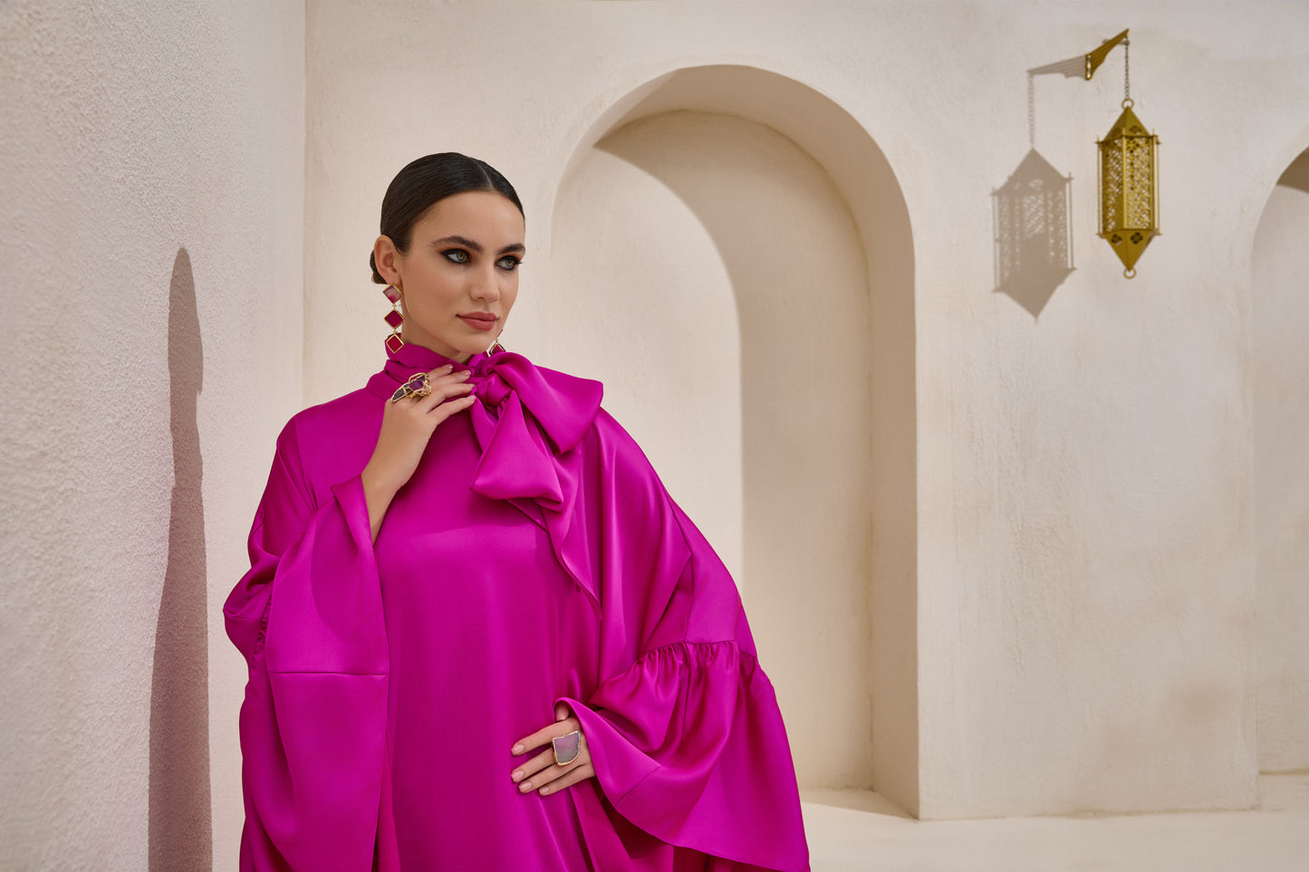 Limited Collection Fuchsia Wrap-neck Kaftan in Satin