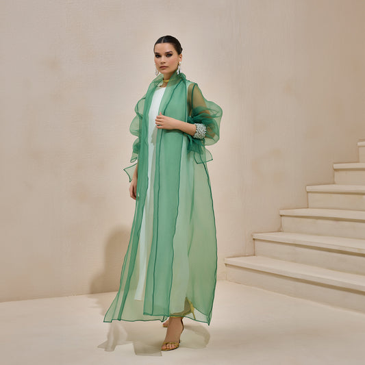 Rose Green Organza Pearl Detailed Abaya