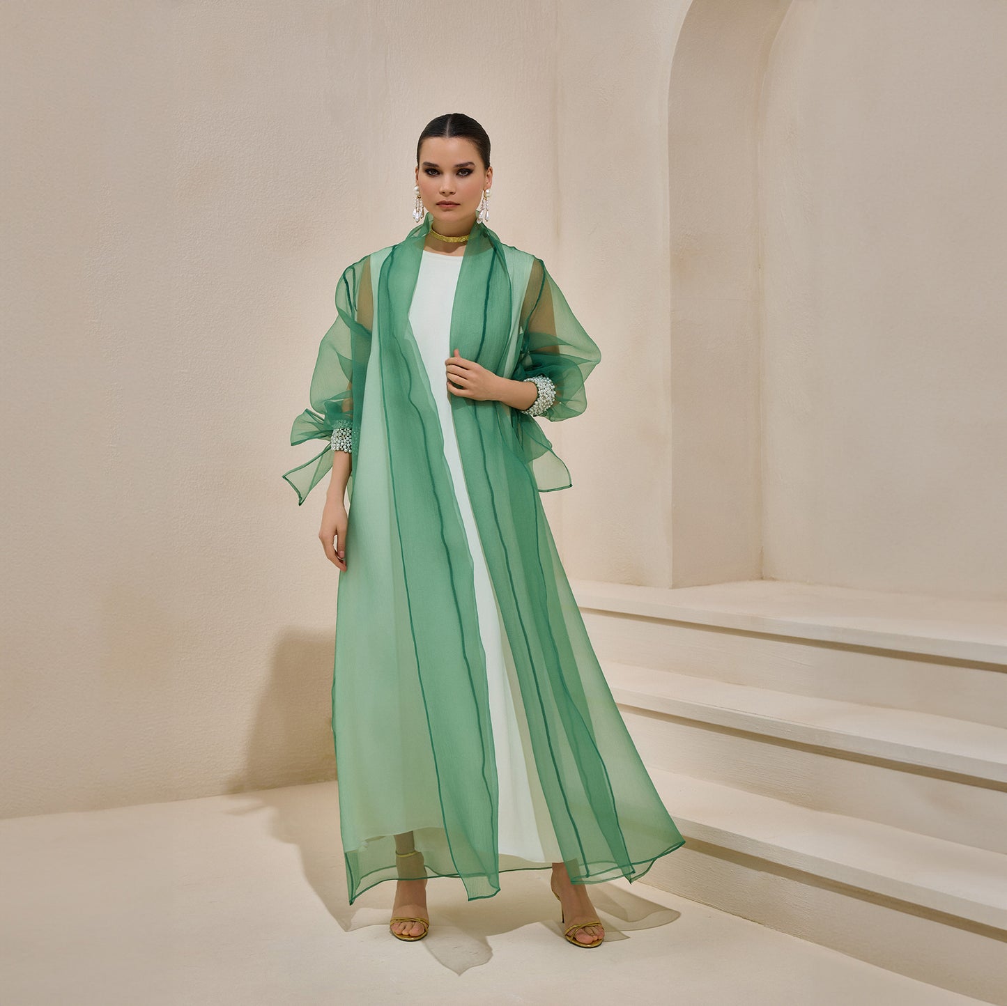 Rose Green Organza Pearl Detailed Abaya