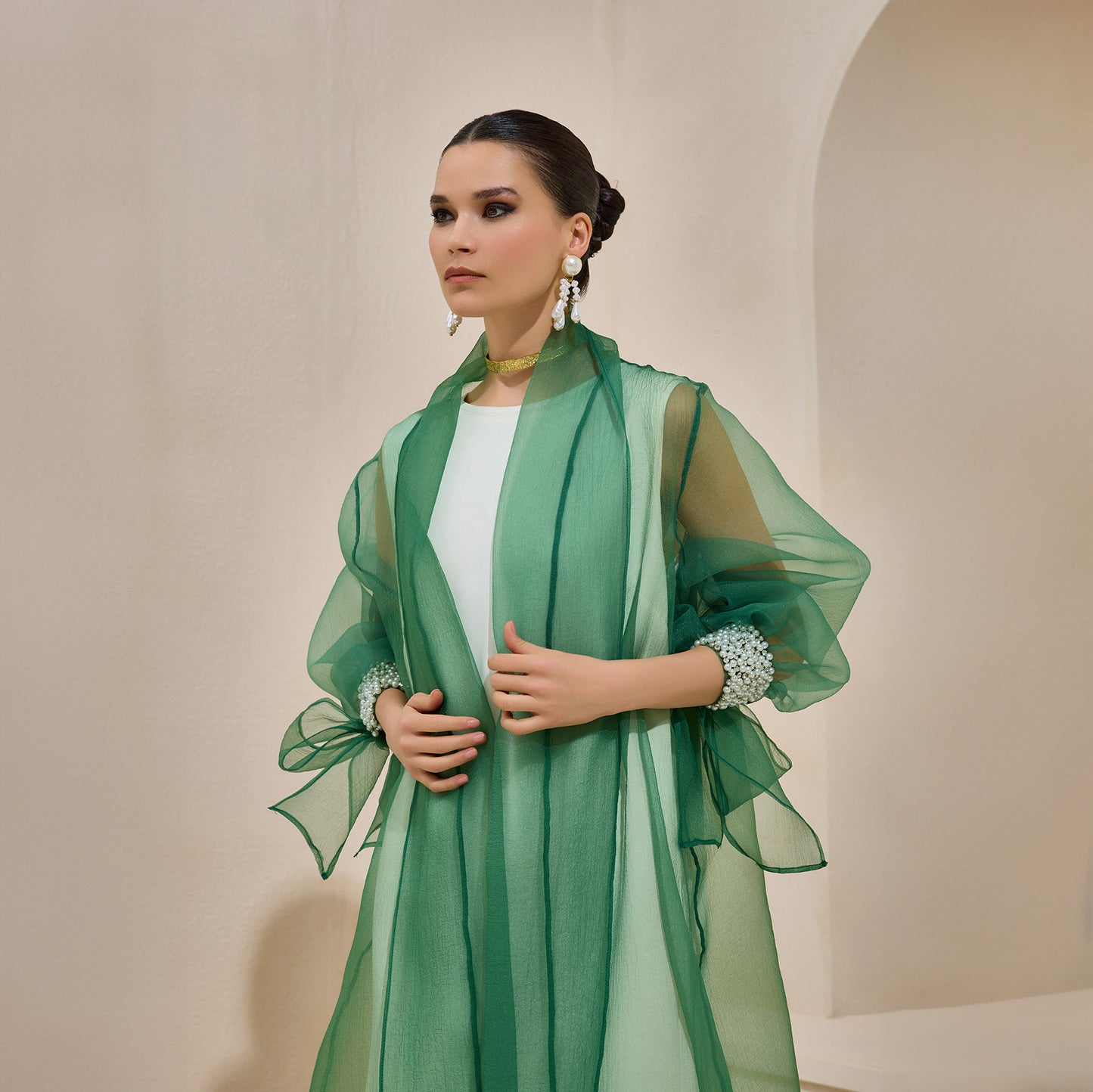 Rose Green Organza Pearl Detailed Abaya