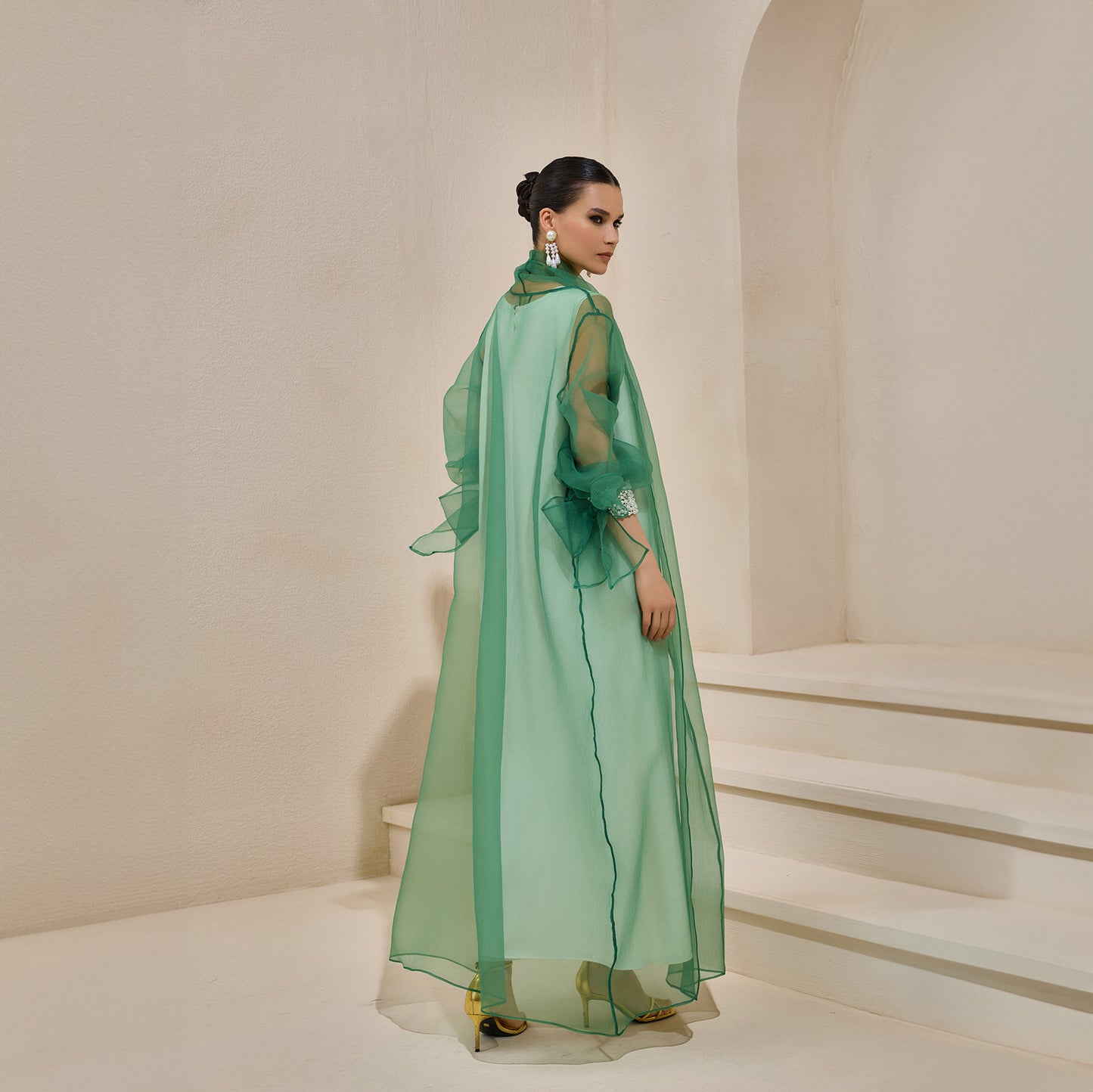 Rose Green Organza Pearl Detailed Abaya