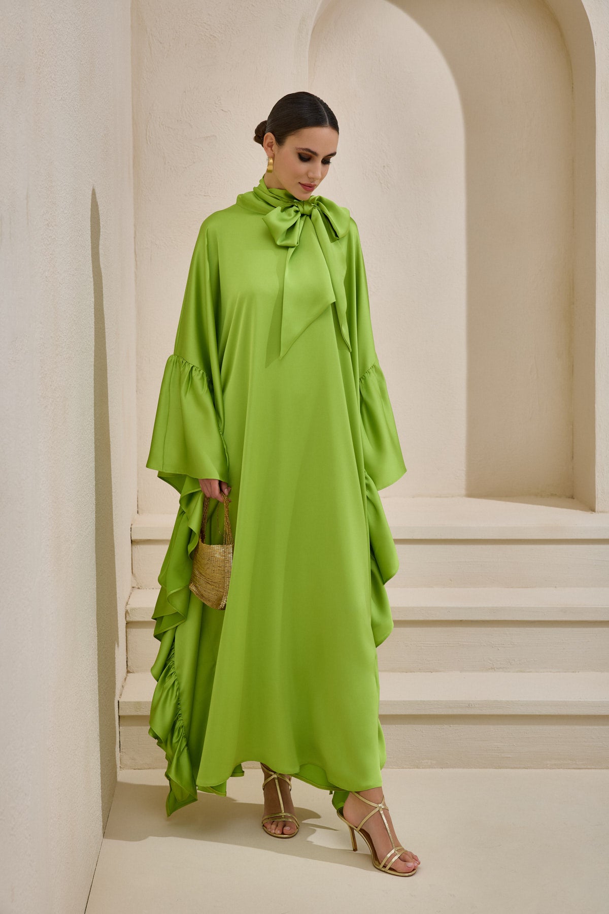 Limited Collection Light Green Wrap-neck Kaftan in Satin