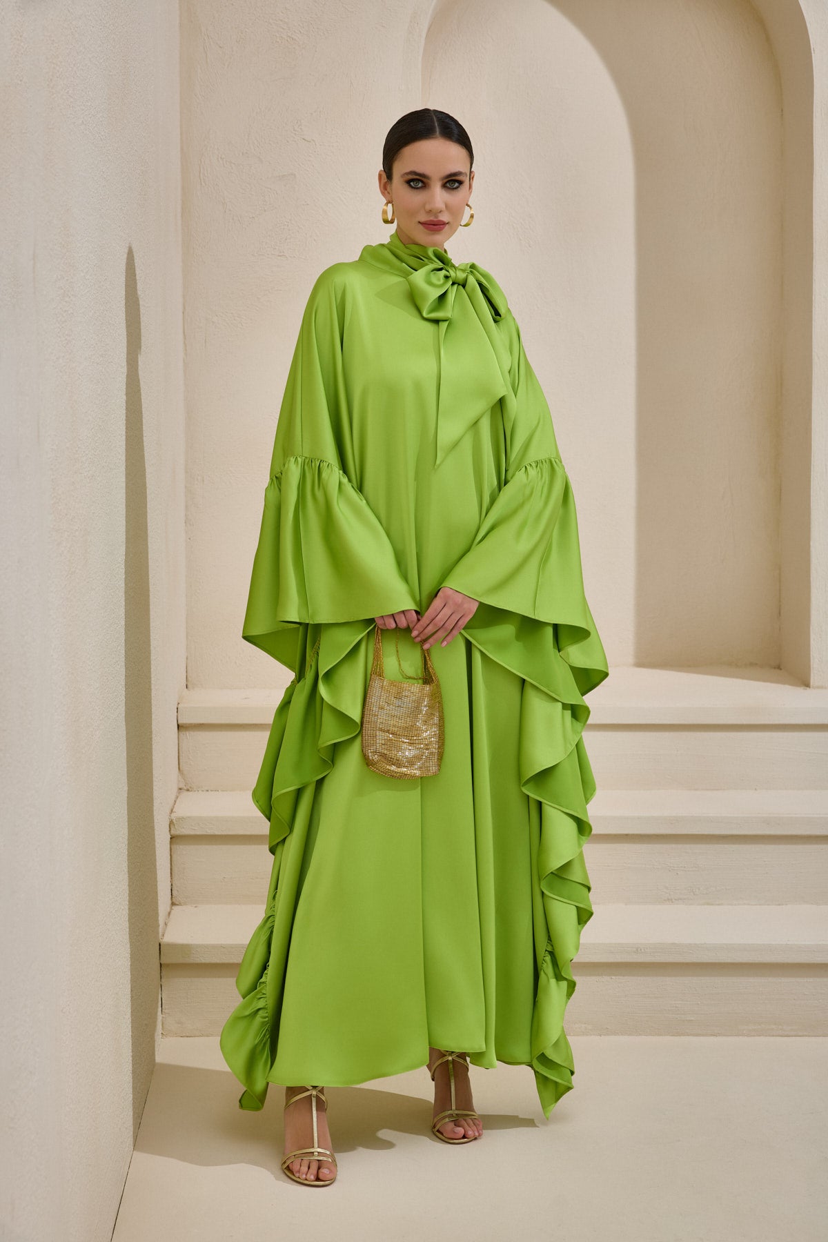 Limited Collection Light Green Wrap-neck Kaftan in Satin