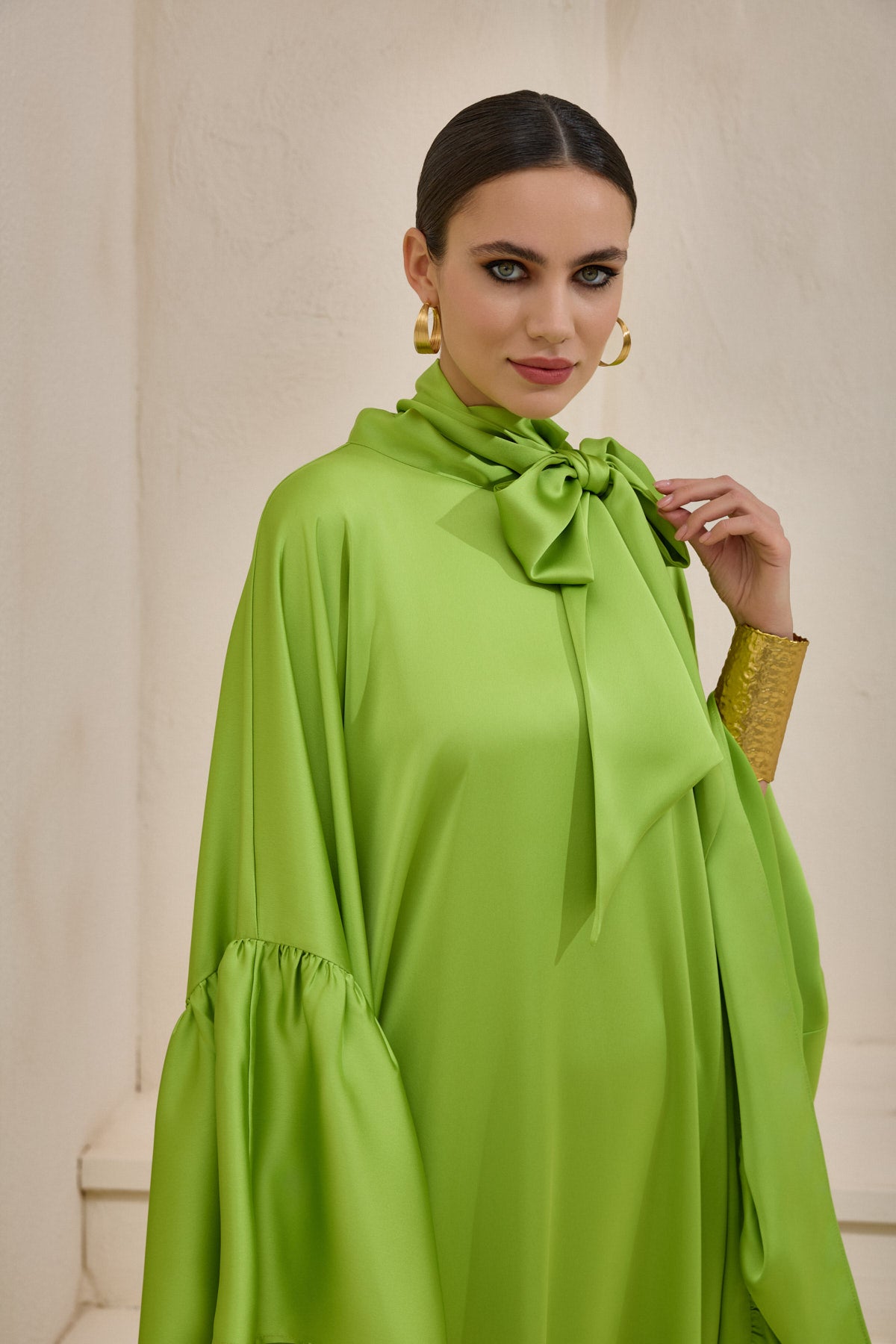 Limited Collection Light Green Wrap-neck Kaftan in Satin