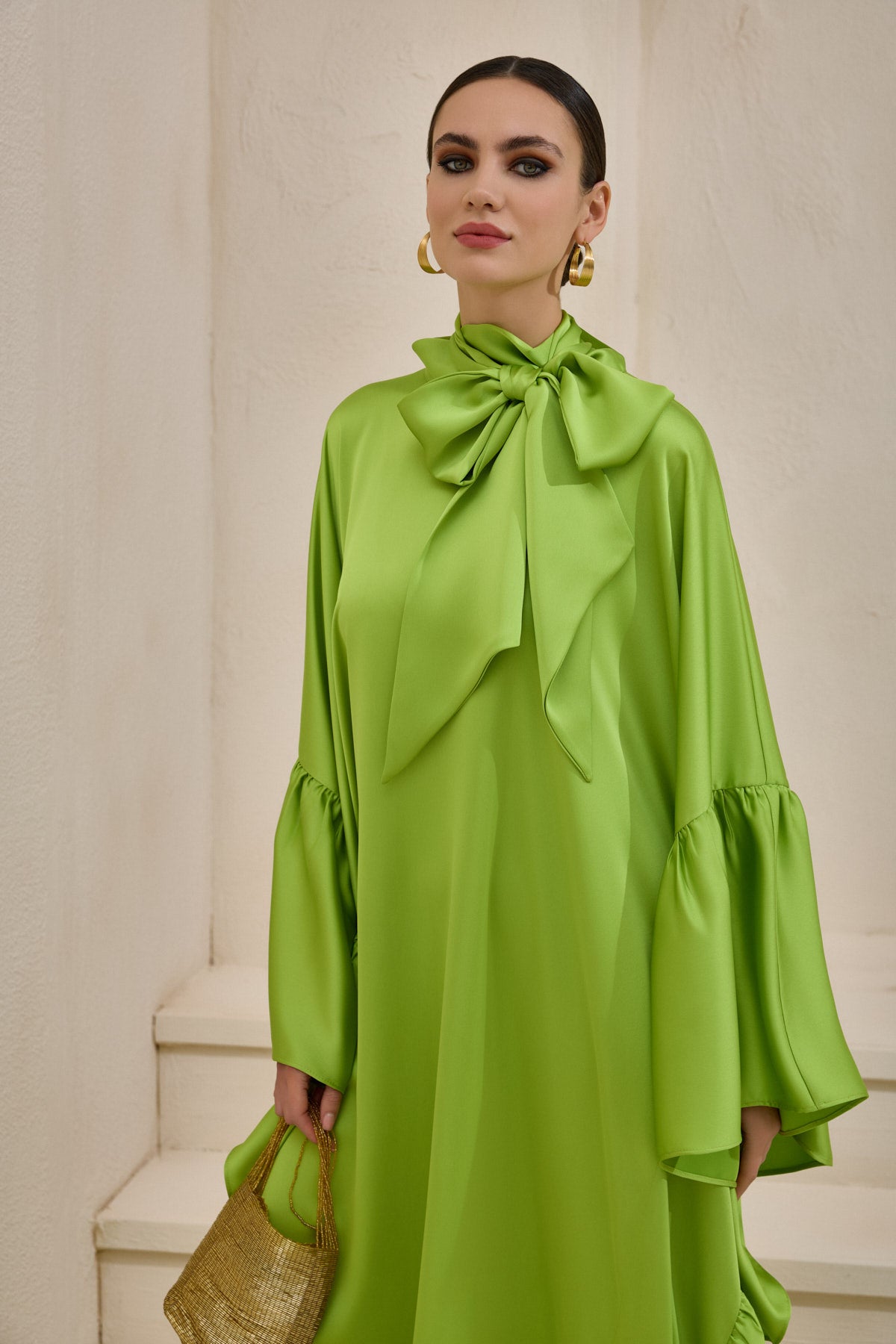 Limited Collection Light Green Wrap-neck Kaftan in Satin