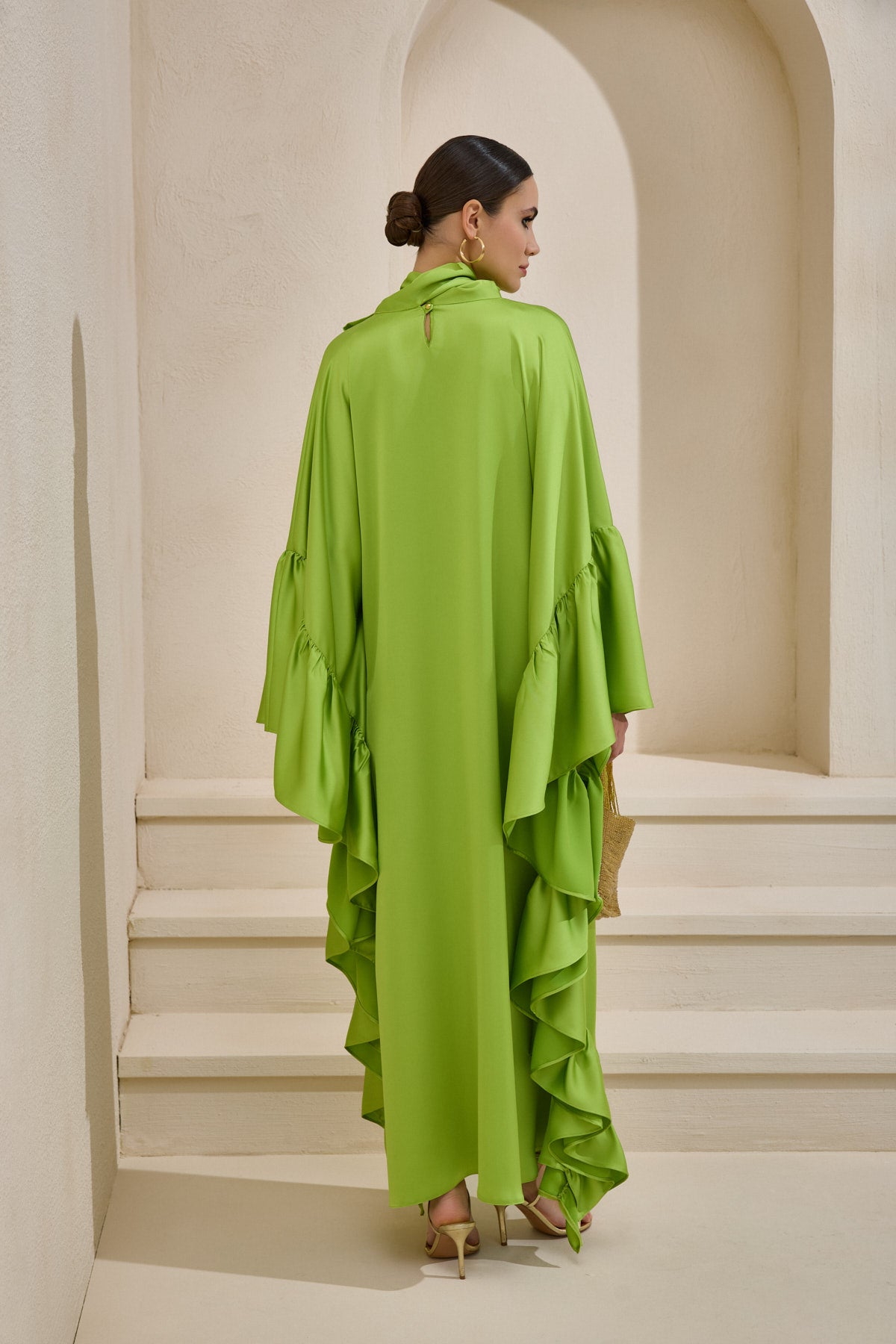 Limited Collection Light Green Wrap-neck Kaftan in Satin