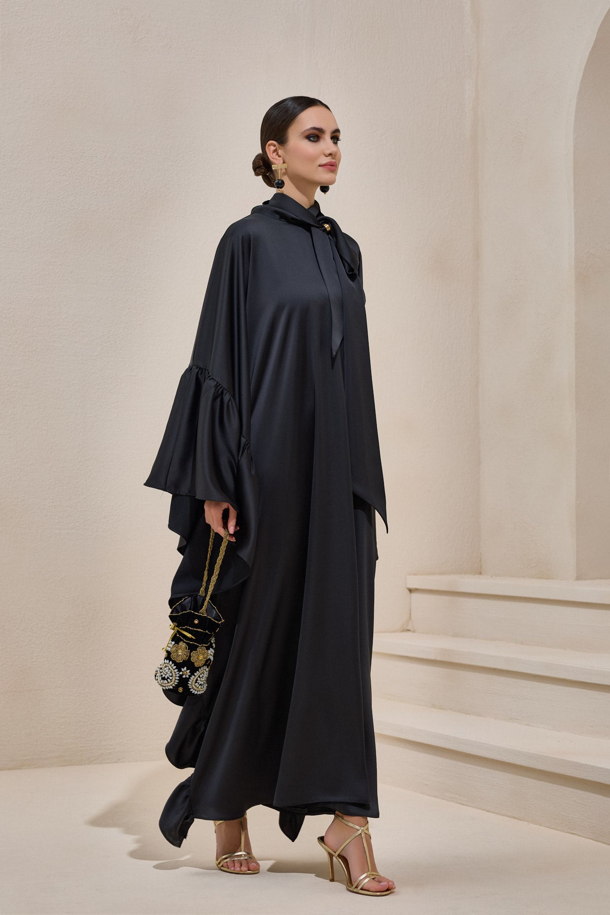 Limited Collection Black Wrap-neck Kaftan in Satin