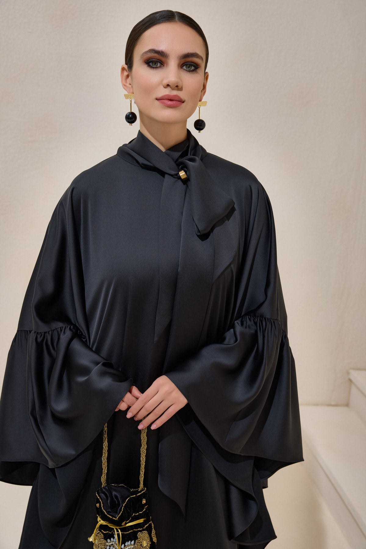 Limited Collection Black Wrap-neck Kaftan in Satin