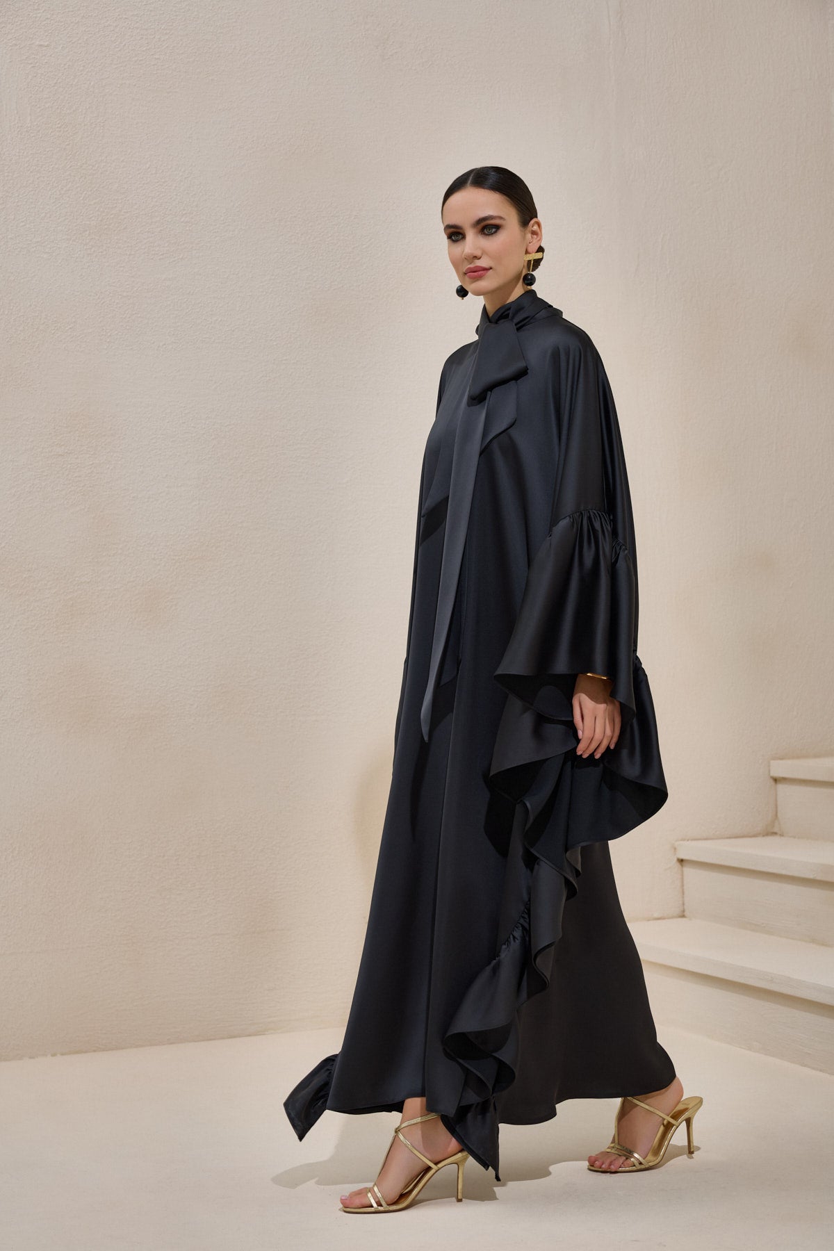 Limited Collection Black Wrap-neck Kaftan in Satin