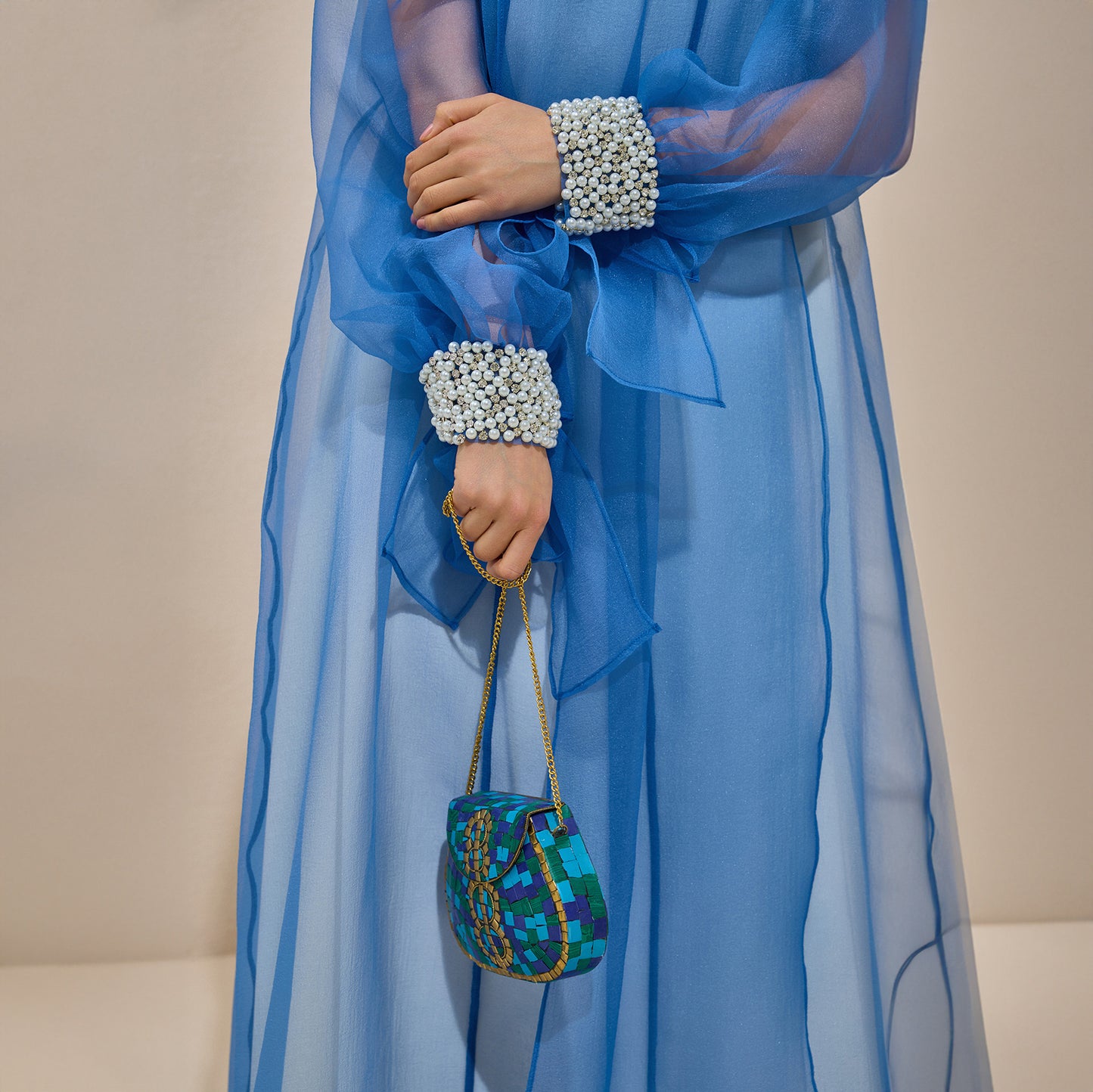 Rose Blue Organza Pearl Detailed Abaya