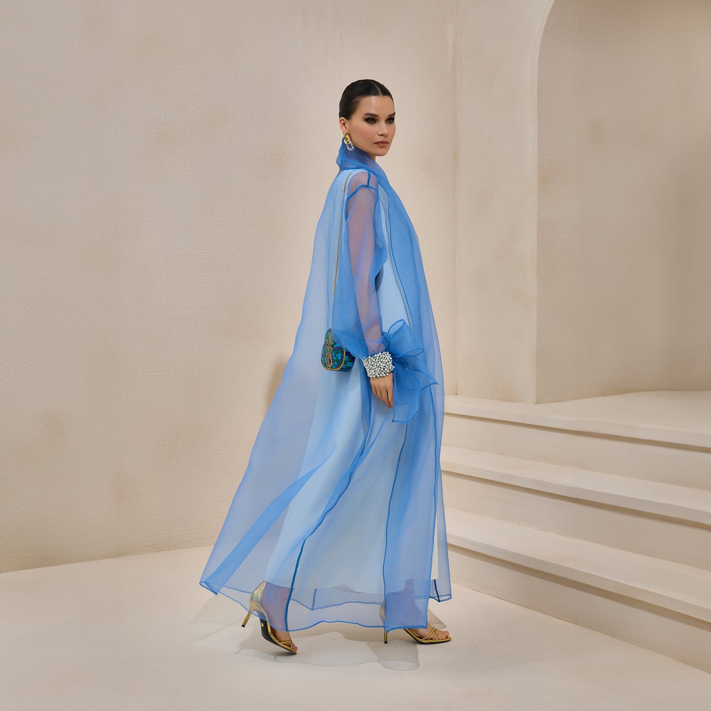 Rose Blue Organza Pearl Detailed Abaya