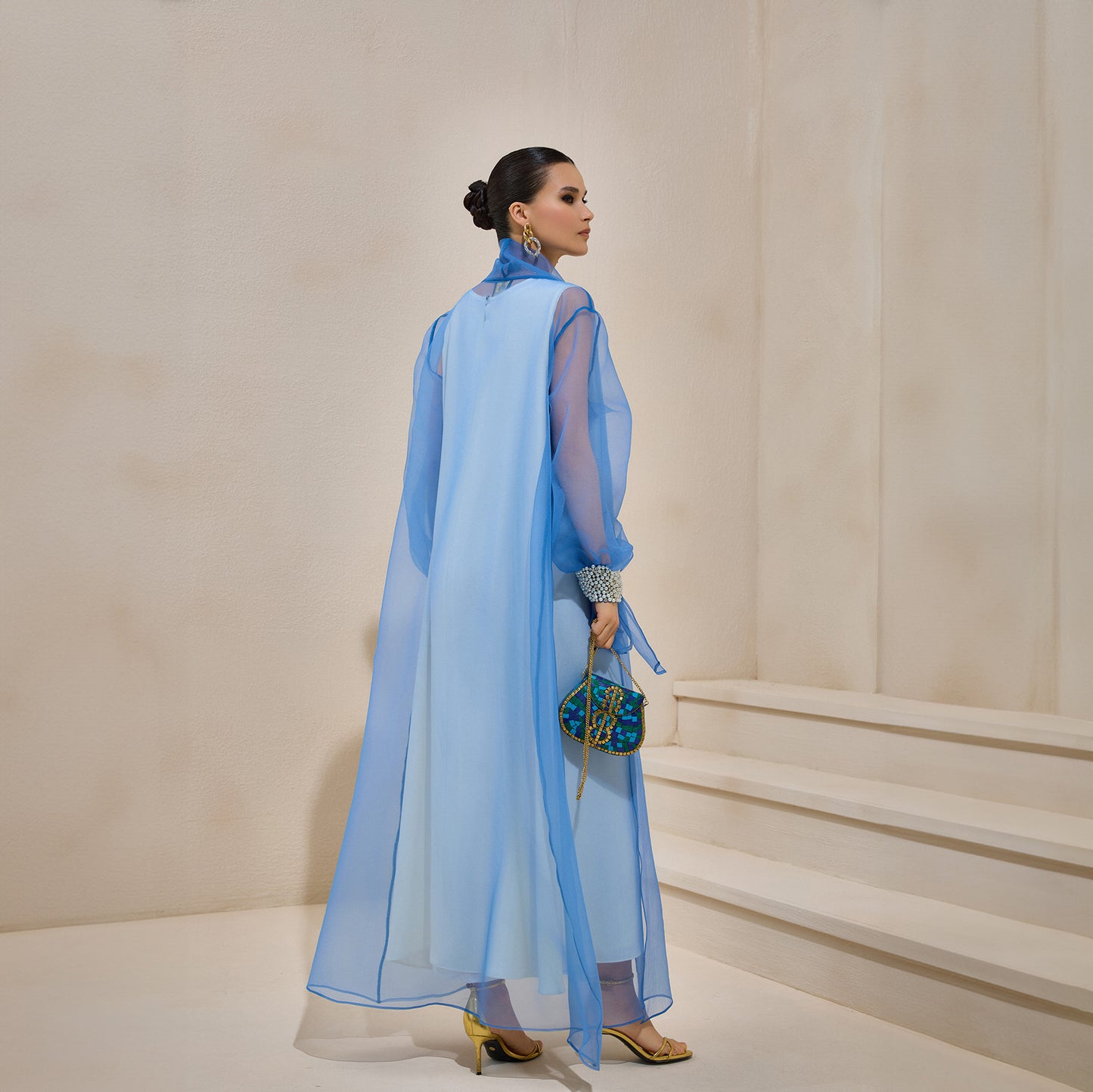 Rose Blue Organza Pearl Detailed Abaya