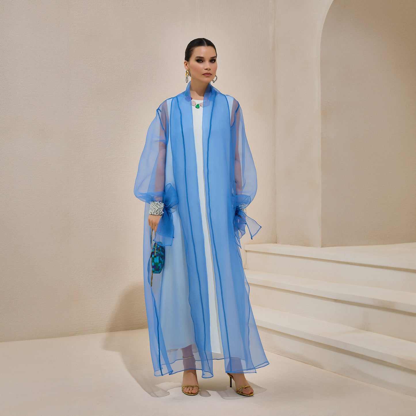 Rose Blue Organza Pearl Detailed Abaya