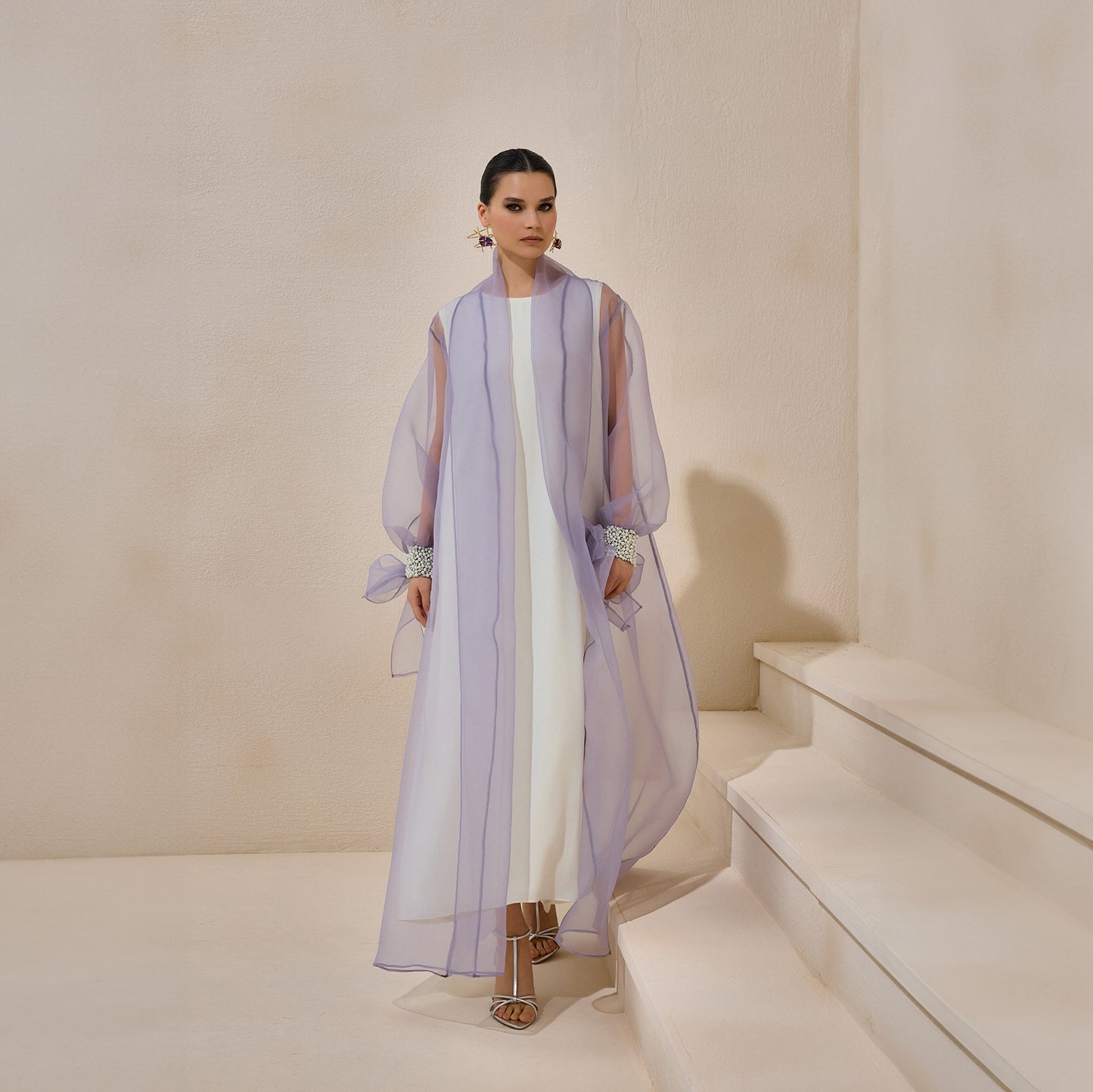 Rose Lilac Organza Pearl Detailed Abaya