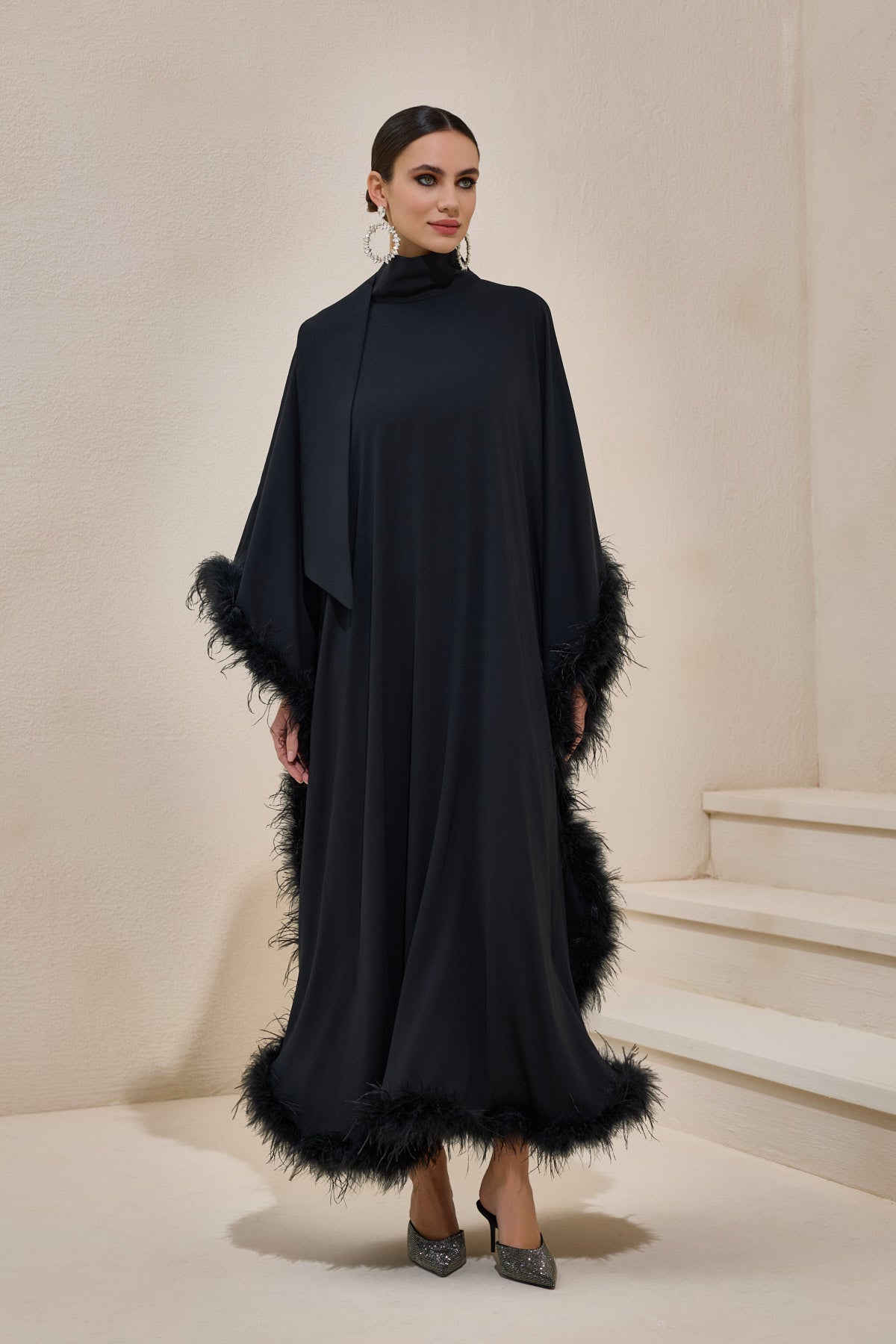 Limited collection Feather Trimmed Black Kaftan Dress