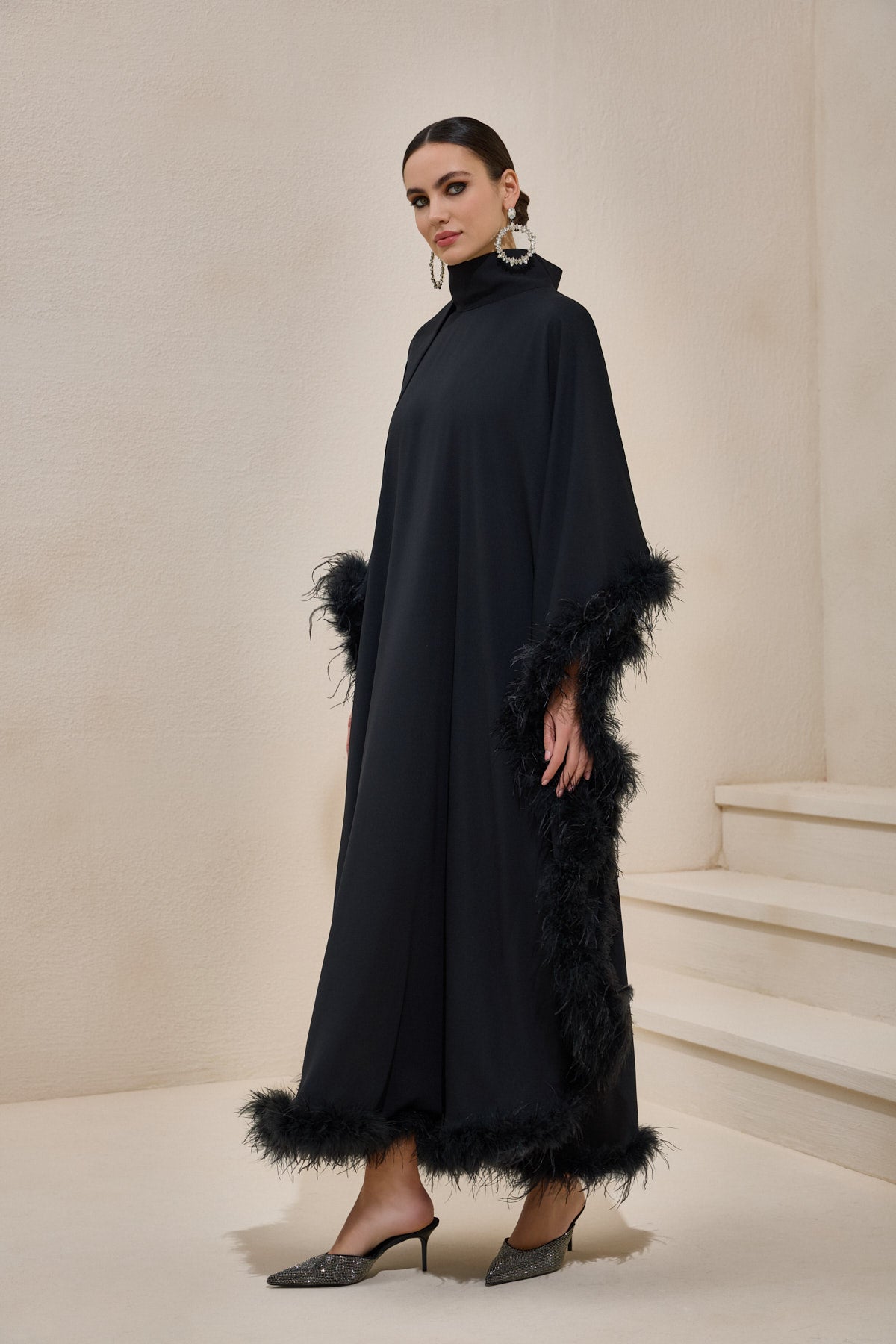 Limited collection Feather Trimmed Black Kaftan Dress