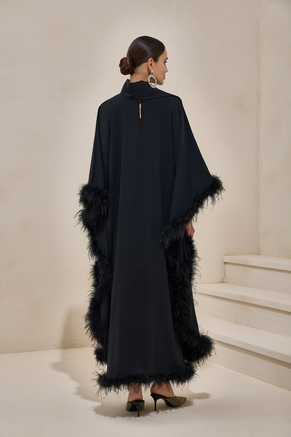 Limited collection Feather Trimmed Black Kaftan Dress