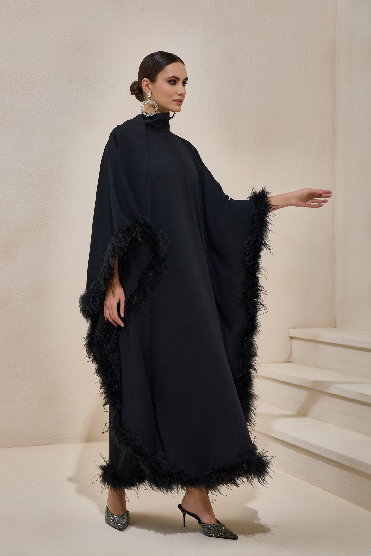 Limited collection Feather Trimmed Black Kaftan Dress