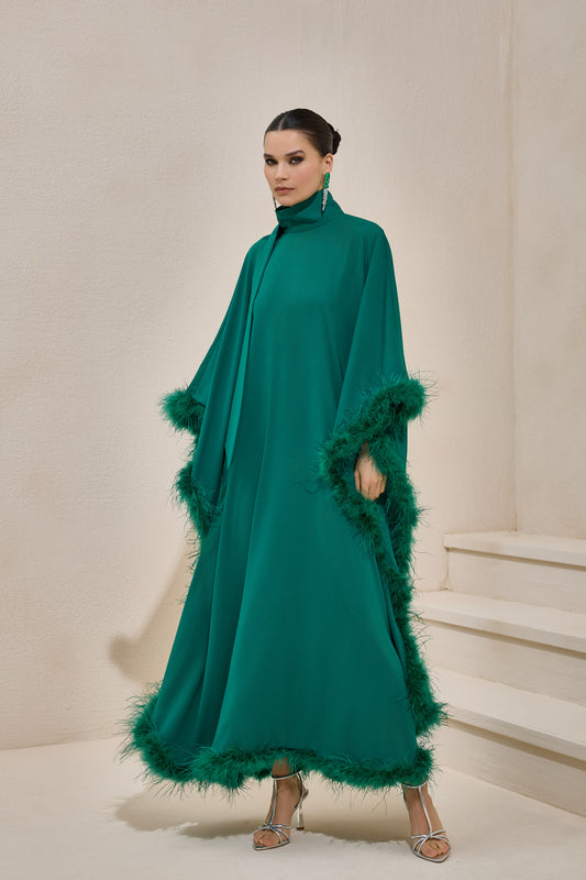 Limited Collection Feather Trimmed Emerald Kaftan Dress