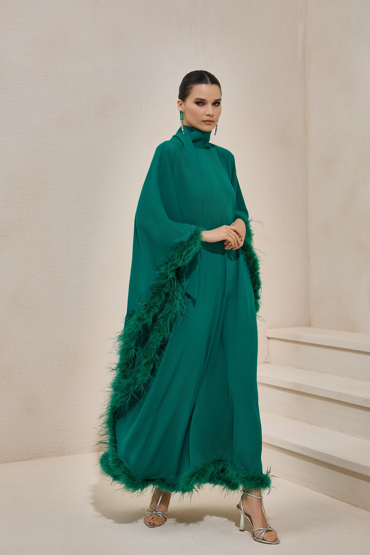 Limited Collection Feather Trimmed Emerald Kaftan Dress