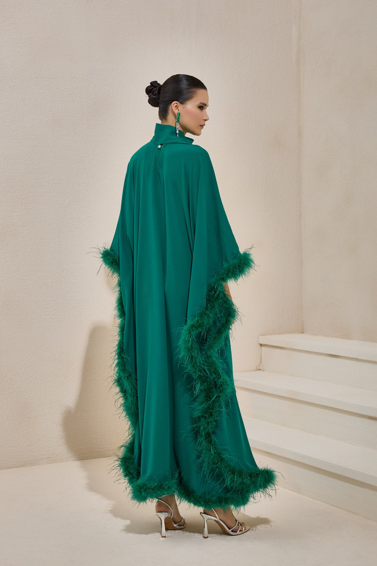 Limited Collection Feather Trimmed Emerald Kaftan Dress