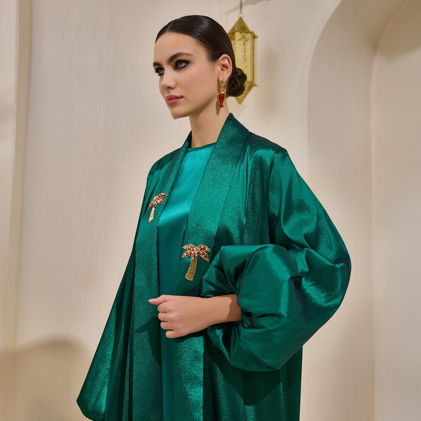 Premium Hand Embellished Taffeta Emerald Abaya