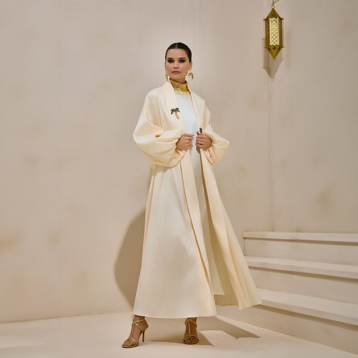 Premium Hand Embellished Taffeta Cream Abaya