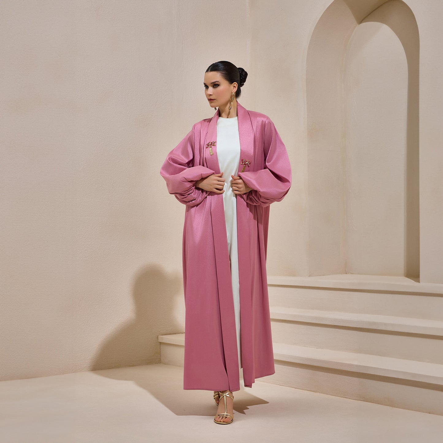 Premium Hand Embellished Taffeta Pink Abaya