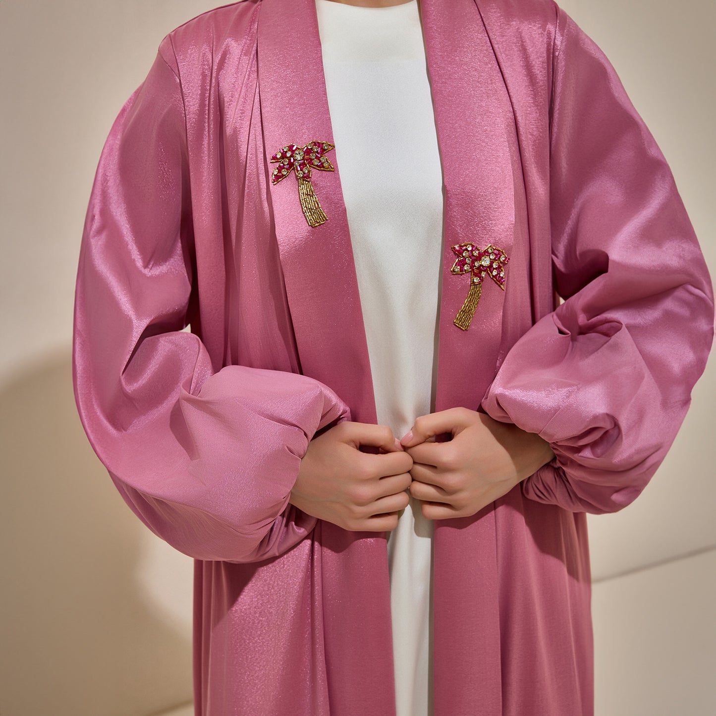 Premium Hand Embellished Taffeta Pink Abaya