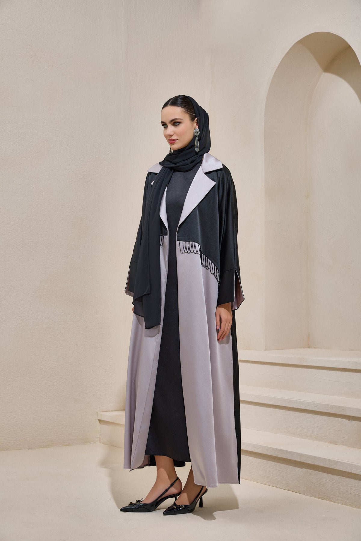 Satin Black Pearl Detailed Black and Mink Abaya